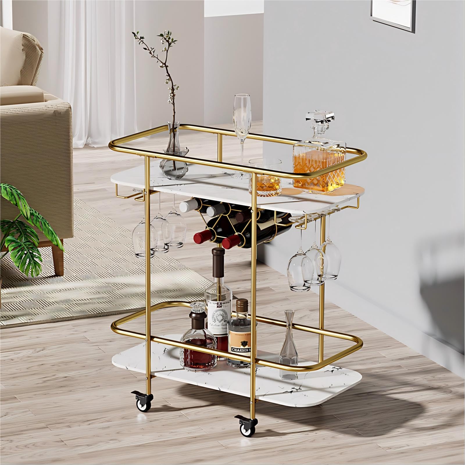 Lifewit Beverage Truck, 3 Tier Bar Cart with Lockable Wheels, 12 Wine Racks and 3 Rows of Glass Holders, Kitchen Serving Wine Cart for Home Dining Room Living Room, 80.5 x 33.3