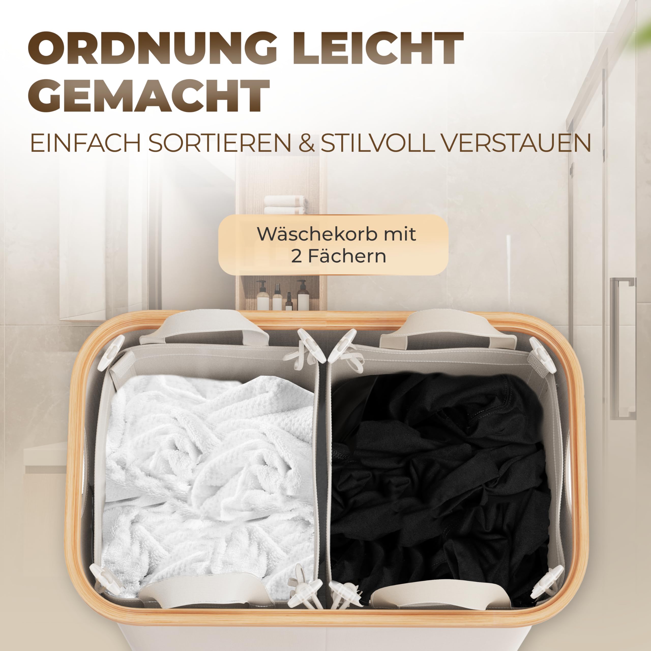 Wäschekorb 150L Faltbar mit Deckel und 2 Fächern – Wäschesammler Bambus-Stoff Beige – Wäschebox, Wäschetruhe, Wäschebehälter, Wäschetrenner für Bad, Schlafzimmer & Waschküche