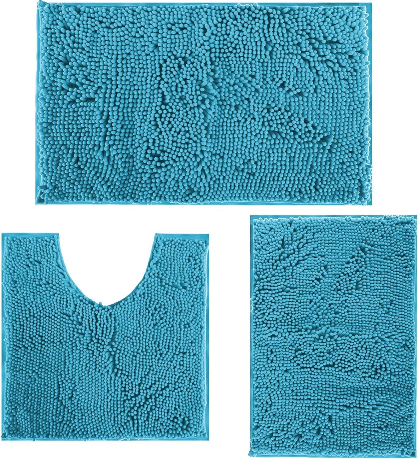 RUN HELIX Ultra Soft Chenille Bath Mat Non Slip, Bath Mat Set 3 Piece, Shaggy Bathroom Mats, Absorbent Bath Mats for Bathroom, Fluffy Bathrooms Mat Set with U-Shaped Toilet Rug (Lake Blue)