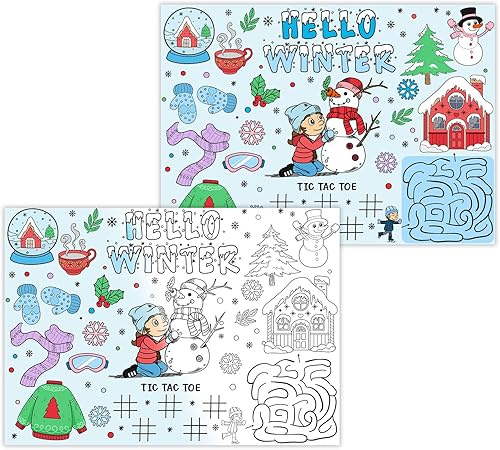 Miniatura 1 de Serencatcher Manteles individuales de invierno con copos de nieve para colorear de 12 hojas, muñecos de nieve para decoración de mesa, manteles