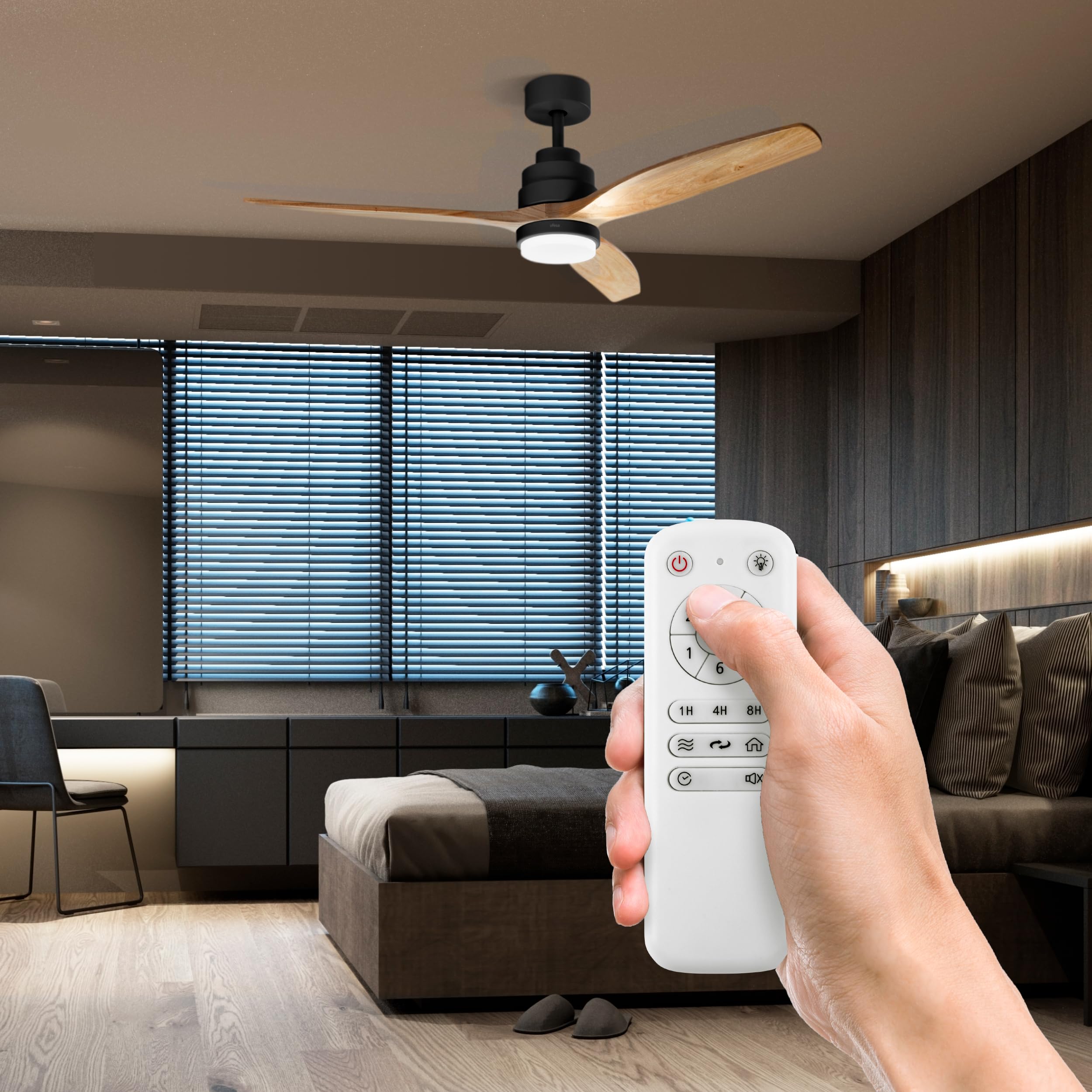 Ufesa Ventilador de Techo con Luz LED, 40W, 6 Velocidades, Ultra Silencioso, 3 Aspas Madera Natural 132cm, Función Verano - Invierno, Temporizador 8h, 3 Niveles Luz, Mando a Distancia, Negro - Haya