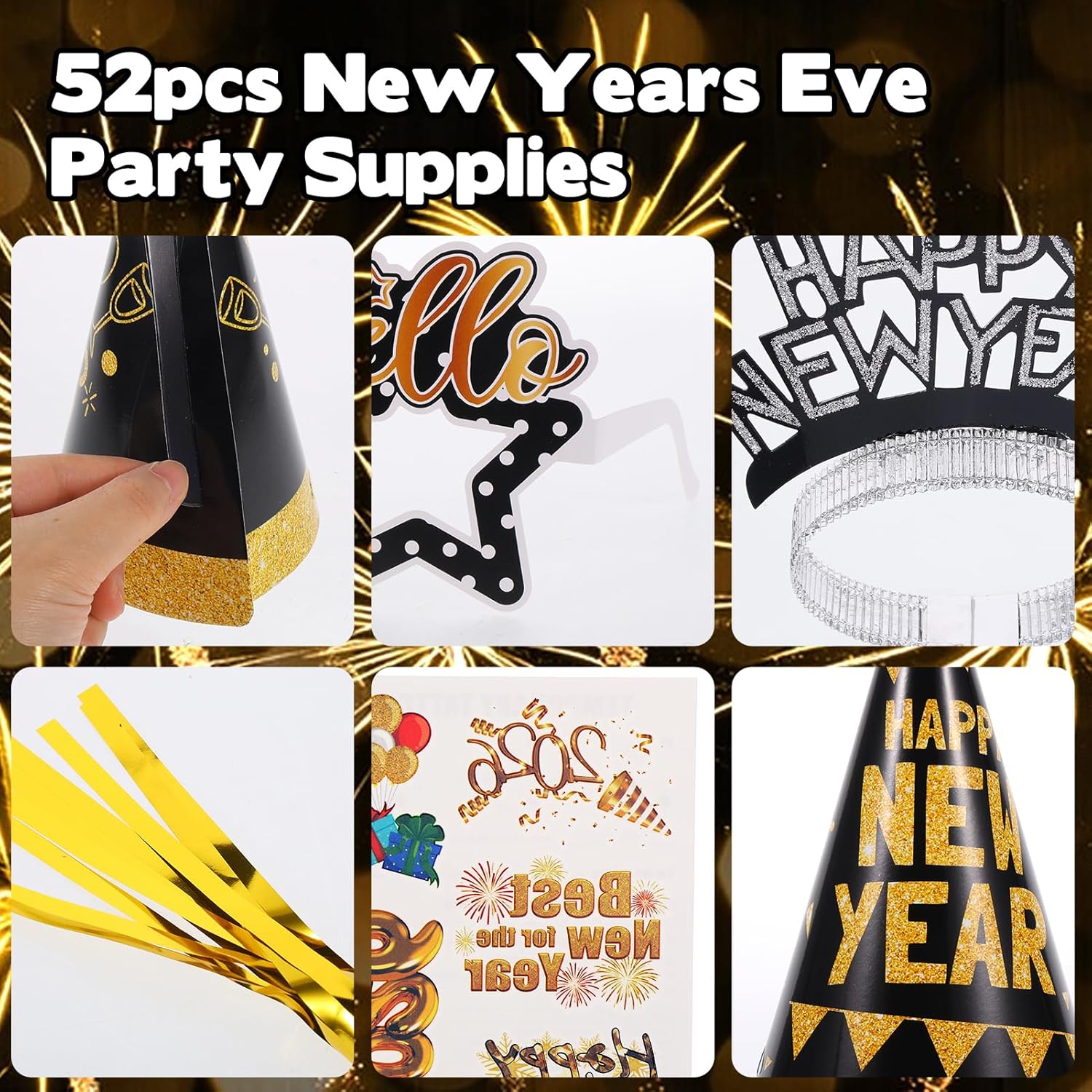 New Year Eve Party Supplies 2026, Black Gold Silver Happy New Year 2026 Cone Hats New Years Eve Hats 2026 Glasses Party Blowouts Tattoos Bead Necklaces NYE Party Favors 2026 Decorations
