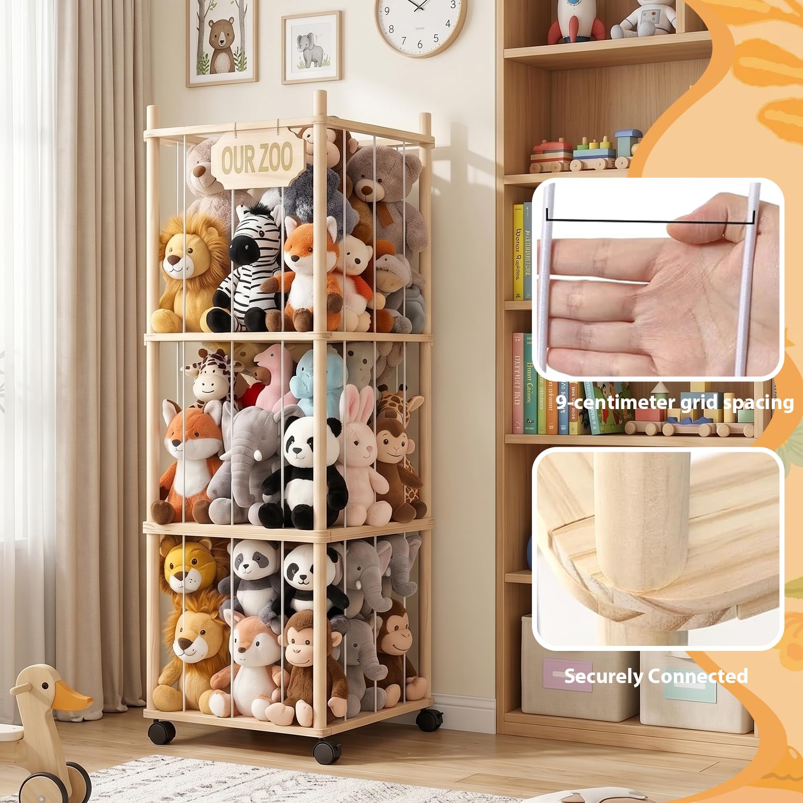 Caja de almacenamiento de animales de peluche de madera, 146 cm, con ruedas, 3 niveles, almacenamiento de peluche, organizador para habitación de los niños, estantería de zoológico de peluche, incluye