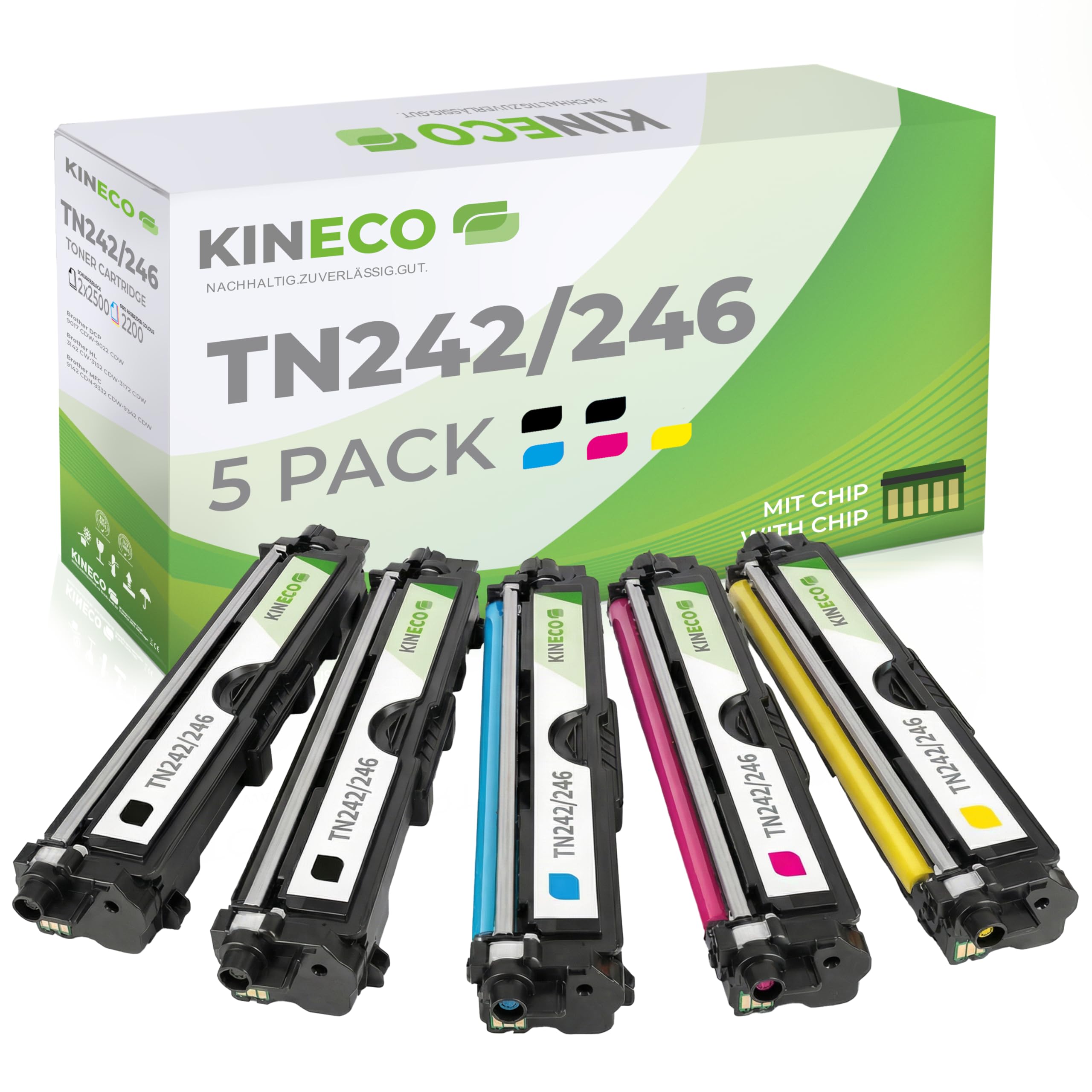 Kineco 5 Toner kompatibel für Brother TN-242 TN-246 für Brother DCP-9017CDWG1 9017CDWG1 9022CDW HL-3142CW 3152CDW 3172CDW MFC-9142CDN 9342CDW 9332CDW - Schwarz je 2.500 Seiten, Color je 2.200 Seiten