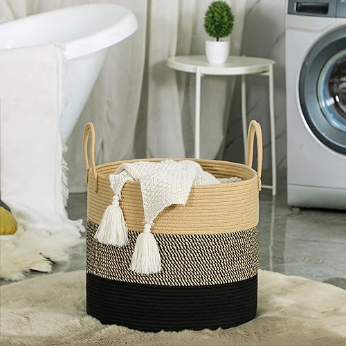 Miniatura 5 de KAKAMAY Cesta grande para mantas (18 x 18 x 16 pulgadas), cesta tejida para ropa sucia para bebé, cestas de cuerda de algodón para guardería,