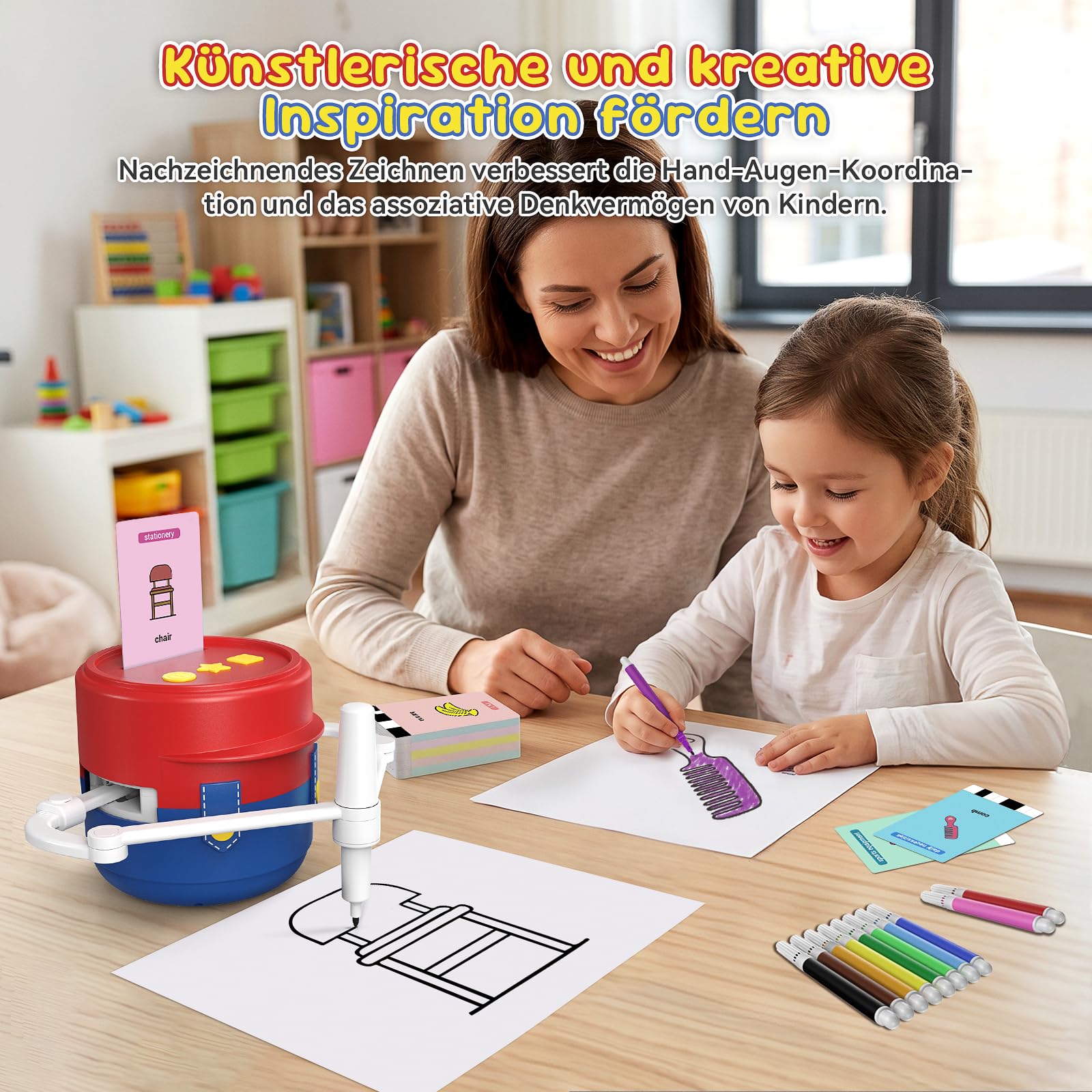 Zeichenroboter für Kinder, Zeichenmaschine & Malmaschine zum kreativen Zeichnen Lernen, 10 Themen，Lernspielzeug ab 3 Jahren, Geschenk für Mädchen & Jungen