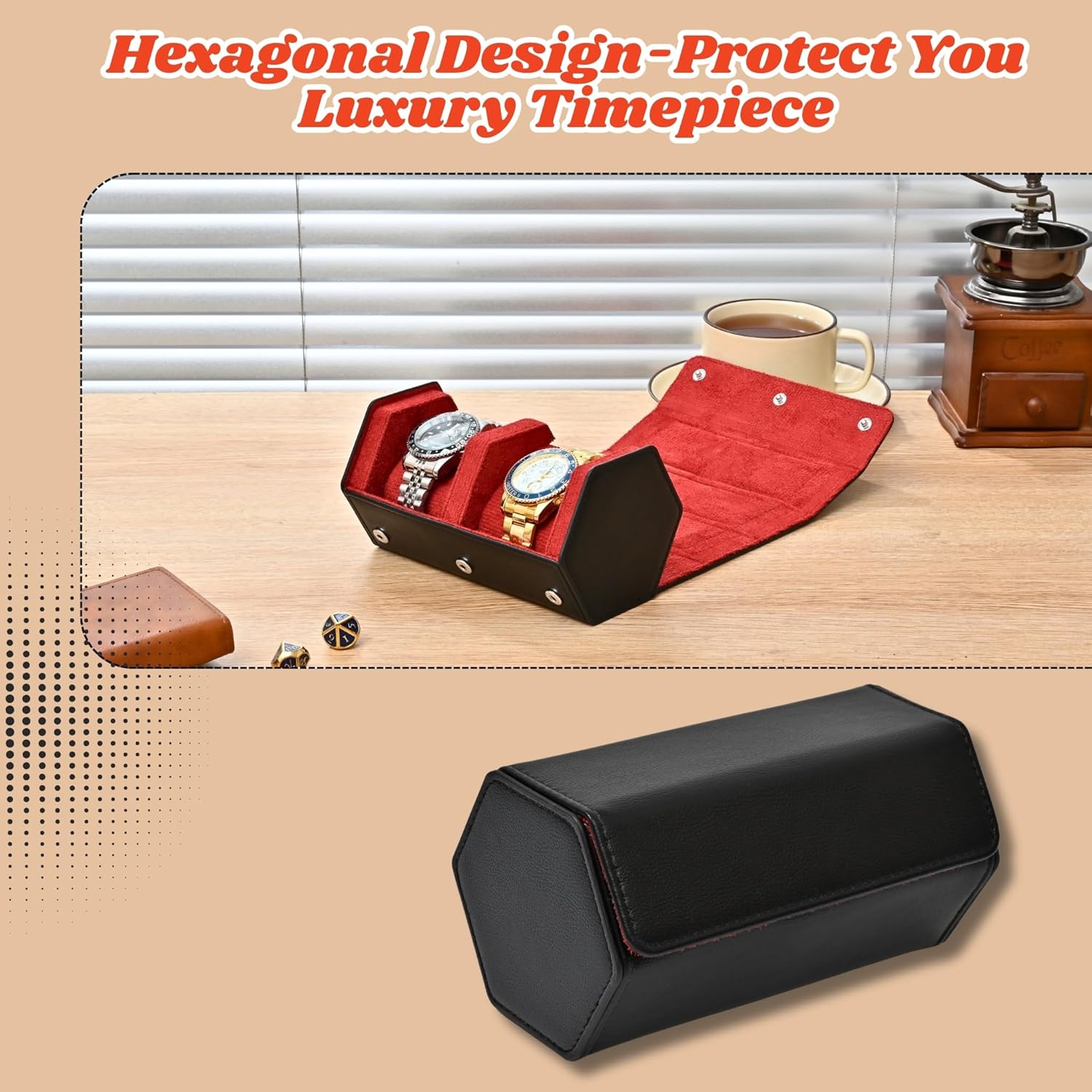 Leather Watch Roll for 2 Watches - Velvet-Lined Travel Case, Luxury Watch Rolls Organizer with Storage & Display for Men (2 Slot-Black/Red)