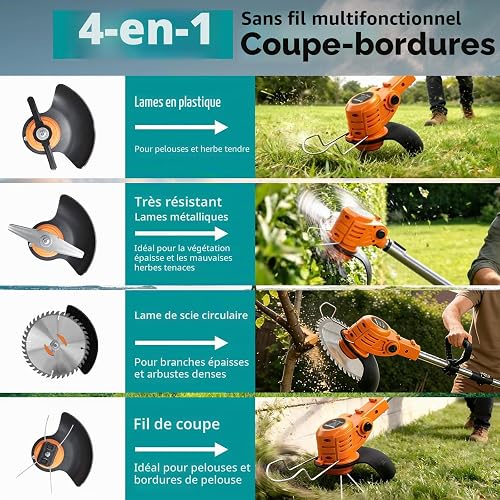 Grenintol Debroussailleuse Electrique sans Fil 4 en 1 21V, Coupe Bordure sans Fil avec Batterie et 4 Types de Lames, Débroussailleuses Batterie pour la Coupe de Jardin, Pelouses - 3