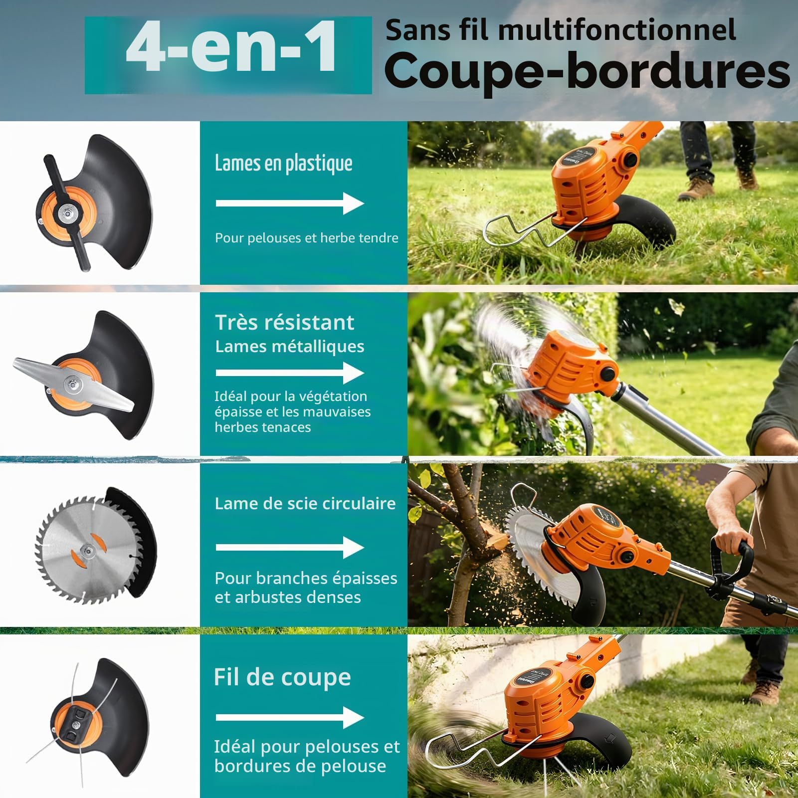 Debroussailleuse Electrique sans Fil 4 en 1 21V, Coupe Bordure sans Fil avec Batterie et 4 Types de Lames, Débroussailleuses Batterie pour la Coupe de Jardin, Pelouses