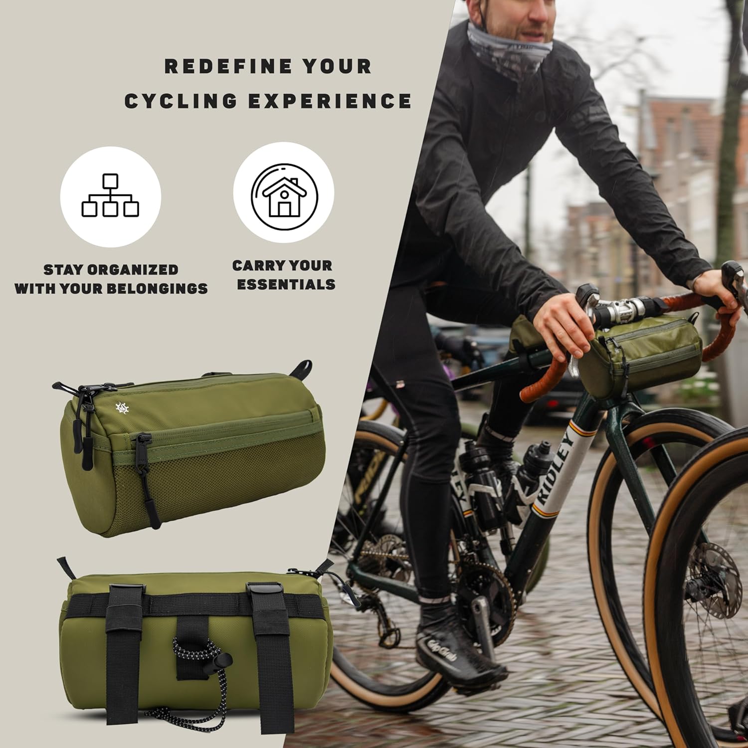 Lumiere & Co. Bike Handlebar Bag - Durable, Multiple-Size Options and Multi-Color Options -Dual Elastic Straps, Clips & Hook & Loop Attachments (Green, Large)