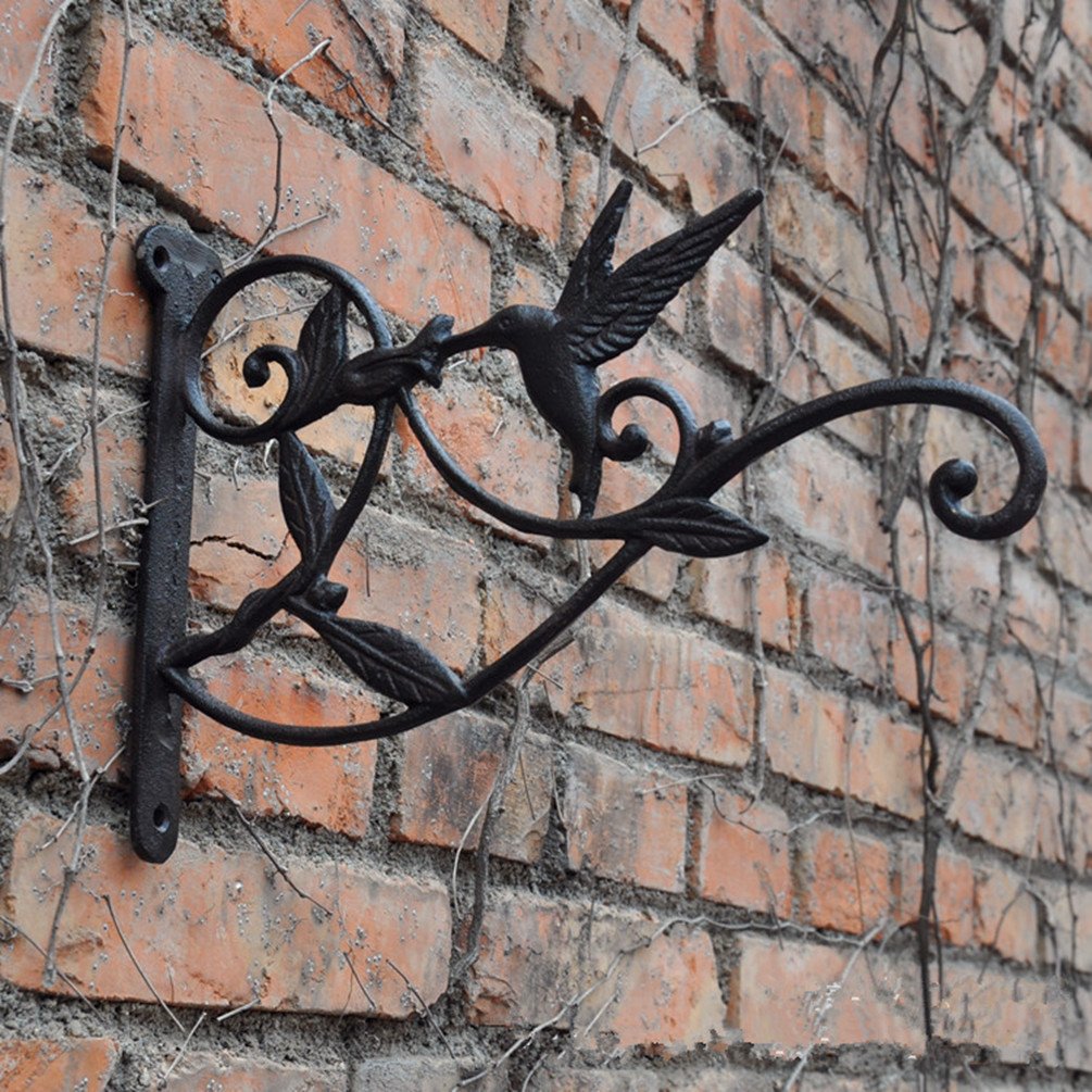 Tenthome Brown,Black Cast Iron Hanging Basket Wall Bracket Retro Garden Basket Bracket Garage Plant Mount Holder (Bird And Leaves)