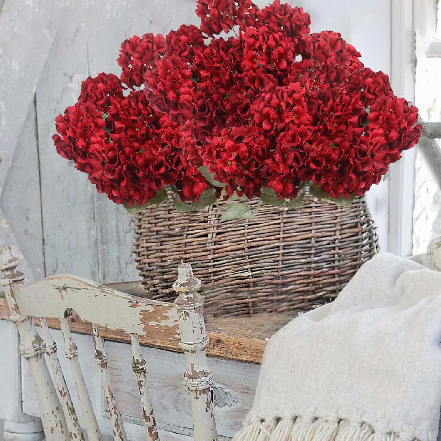 2 Pcs Hydrangea Artificial Flowers Red Faux Hydrangeas Flower Outdoor Artificial Flowers Bouquets Silk Hydrangea Flowers Stems for Home Decor Party Floral Arrangements Christmas Centerpieces
