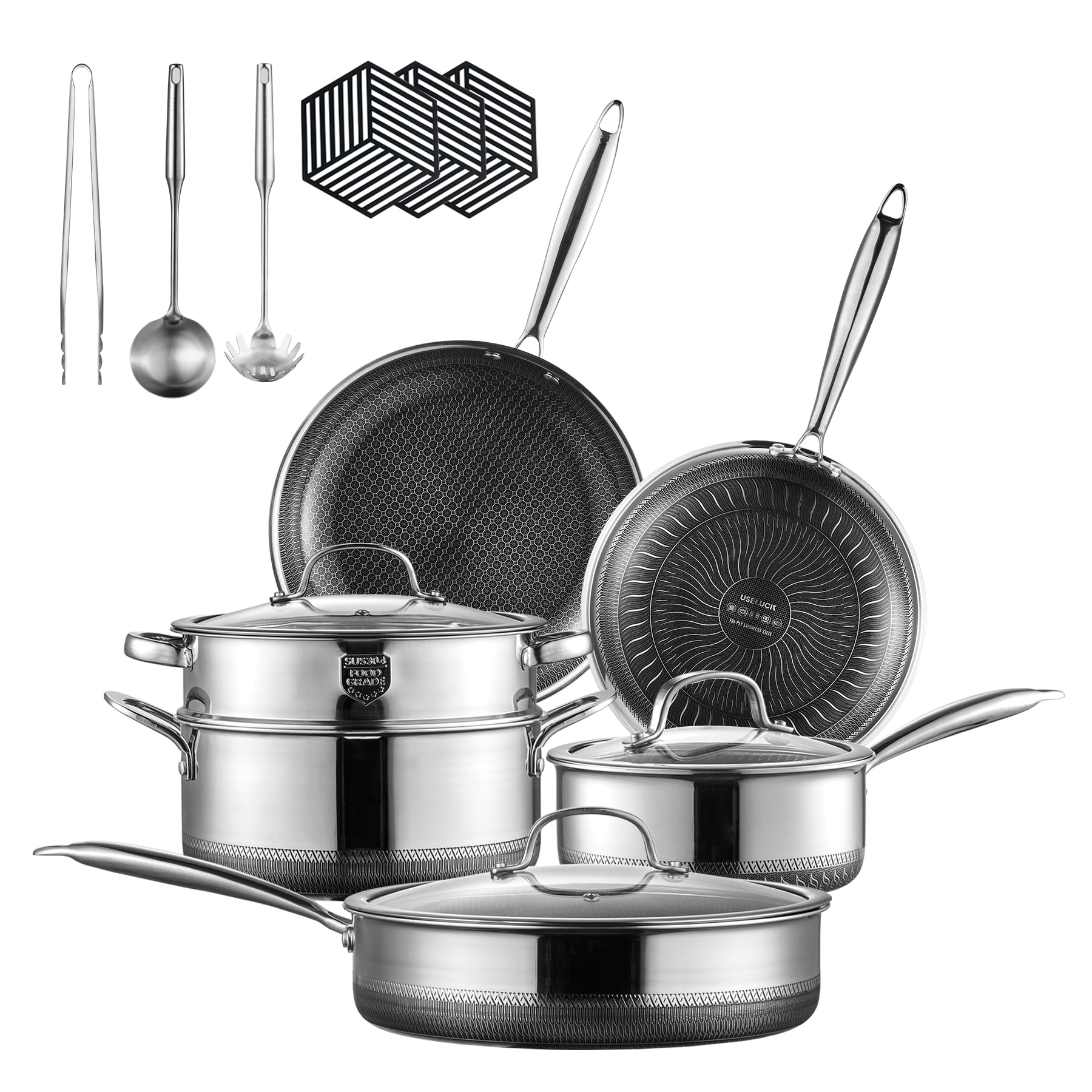 Hybrid Stainless Steel Pots and Pans Set, 15 Piece Tri-play Nonstick Cookware Sets Non-toxic Frying Pans, Saucepans, Saute Pan with Tempered Glass Lids, Stay-Cool Handles Induction, Oven, Dishwasher