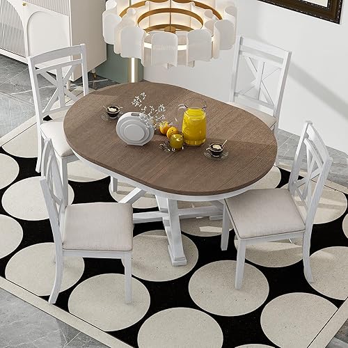 Miniatura 28 de Juego de comedor retro funcional de 5 piezas, mesa de comedor extensible de madera maciza con 4 sillas tapizadas y respaldos de ratán, juego de mesa