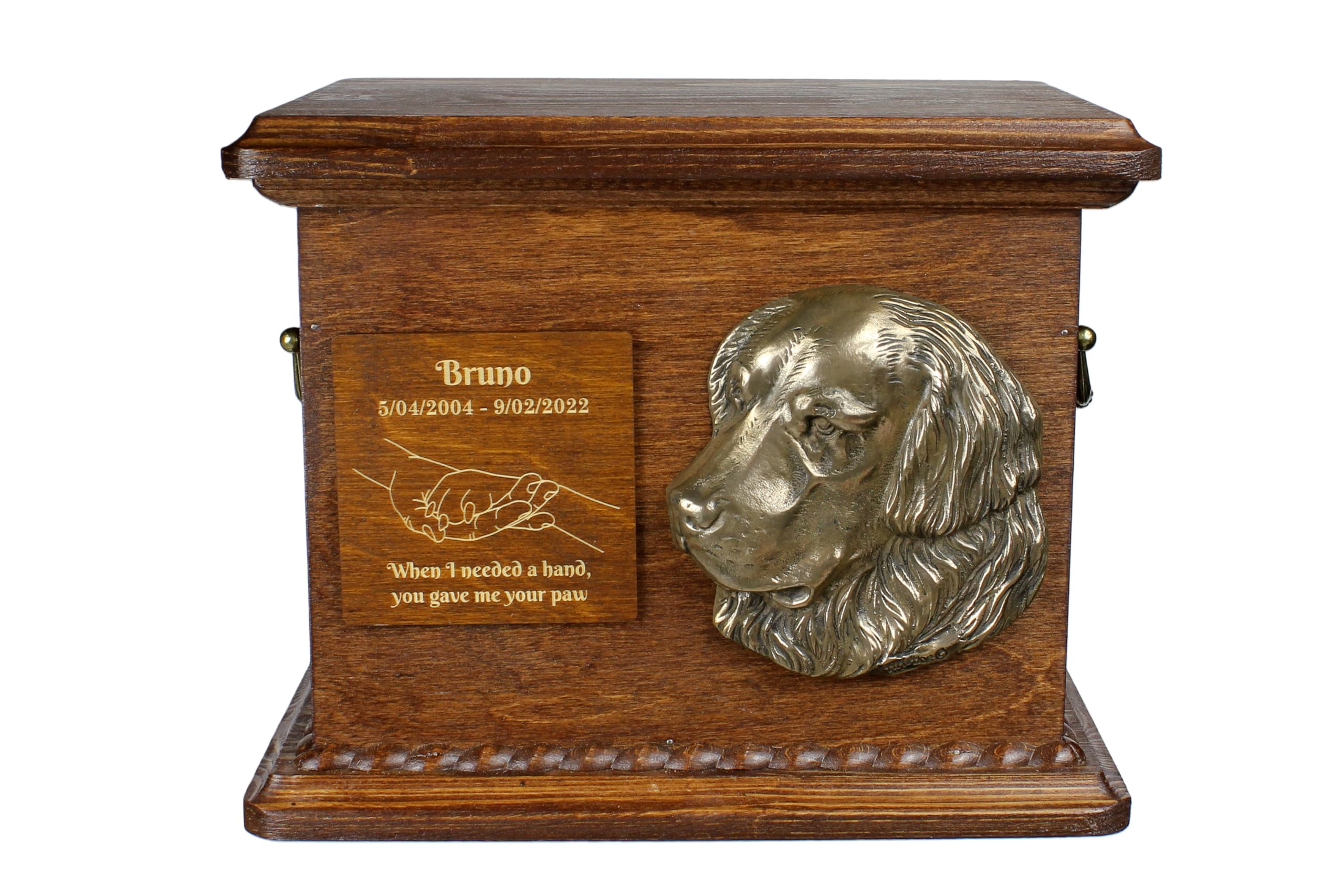 Art-Dog Urn for Dog Ashes - Handmade Memorial with Relief, Personalized Engraving, and Cold Cast Bronze Bust – Custom Pet Memorial Urn – 8.3x11.4x8.7” – Golden Retriever