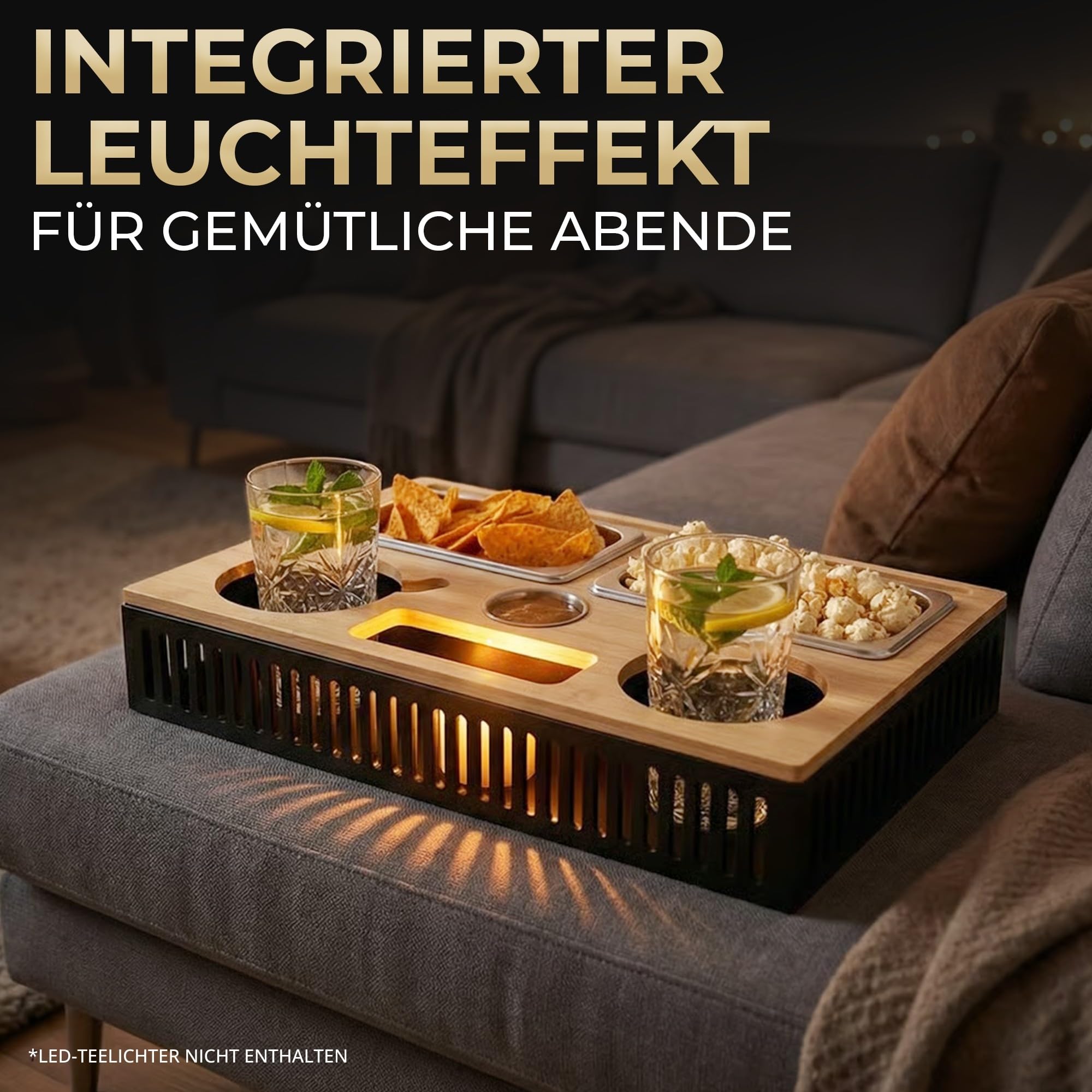 Couchbar Snackbox mit Leuchteffekt – Holz Sofatablett für Sofa, Snackbar & Organizer Tablett, 2-in-1 Couch Bar mit Getränkehalter, Weinhalter & Handyhalterung, Geschenke für Männer & Frauen