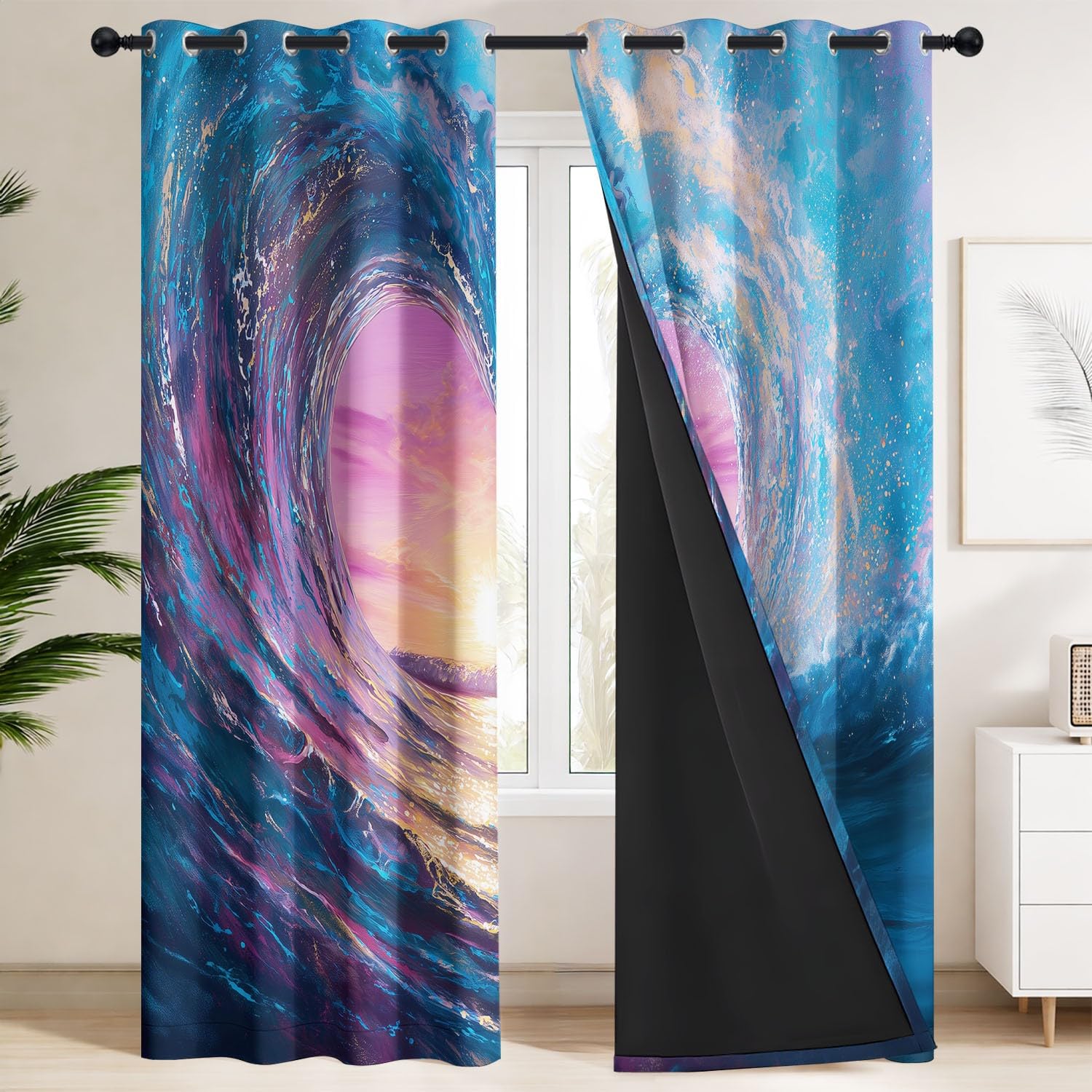 Generisch Herz Wellen Sonnenuntergang Vorhänge B 140 x H 245 cm Blickdichte Verdunklungsvorhänge mit Ösen Traumhaft Romantisch Thermovorhänge für Wohnzimmer und Schlafzimmer, 2er Set