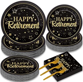 50 Guests Retirement Party Decorations Retirement Plates Napkins Set Happy Retirement Black and Golden Disposable Dinnerware Tableware Graduations Decorations Supplies Favors for Women Men, 200Pcs