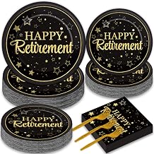 50 Guests Retirement Party Decorations Retirement Plates Napkins Set Happy Retirement Black and Golden Disposable Dinnerware Tableware Graduations Decorations Supplies Favors for Women Men, 200Pcs