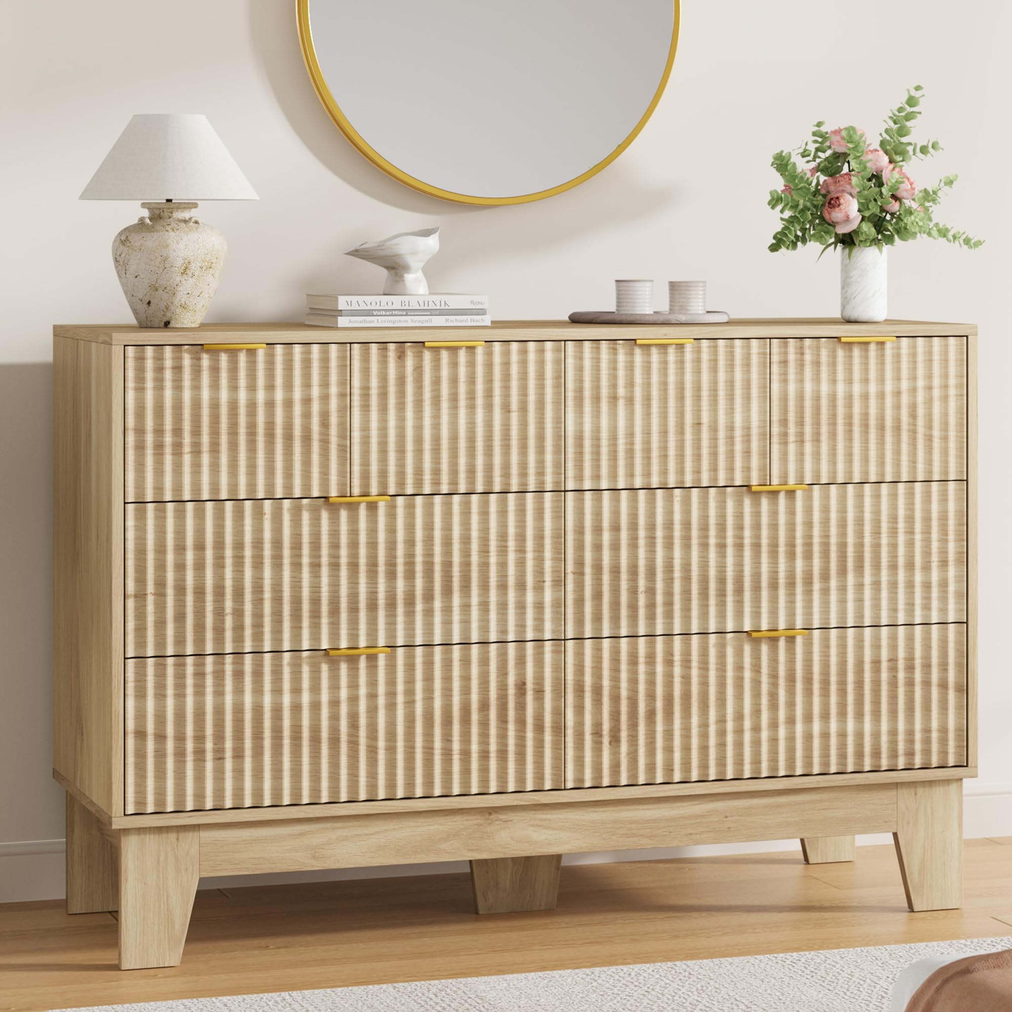 Garvee 8 Drawer Dresser for Bedroom, 47" Wide Fluted Chest of Drawers, Oak