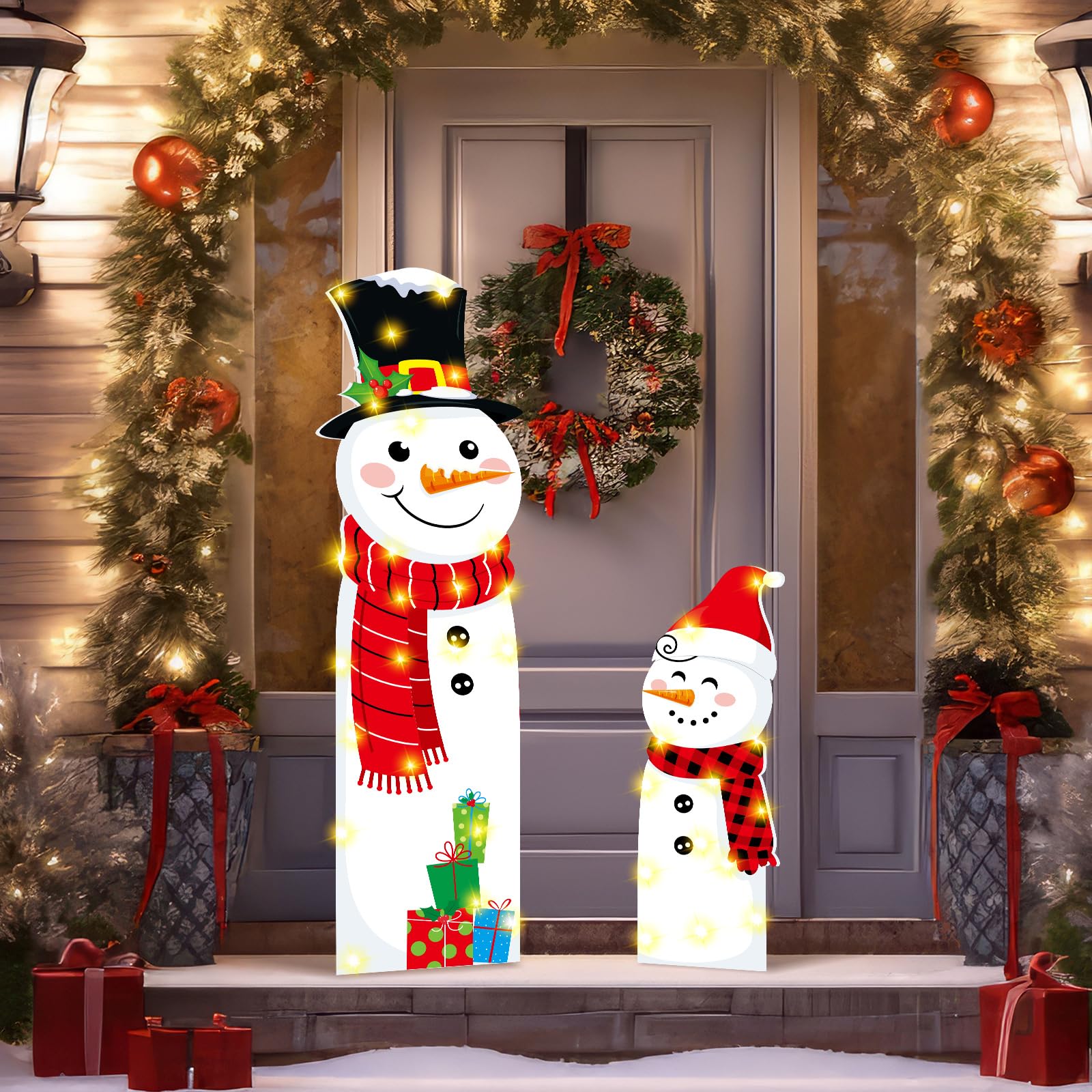 2 Pack Christmas Porch Sign Christmas Front Porch Decorations 33.5" and 15.8" Snowman Wooden Porch Sign with LED Christmas Porch Decor Welcome Sign Wood Xmas Wall Plaque for Outdoor Decoration
