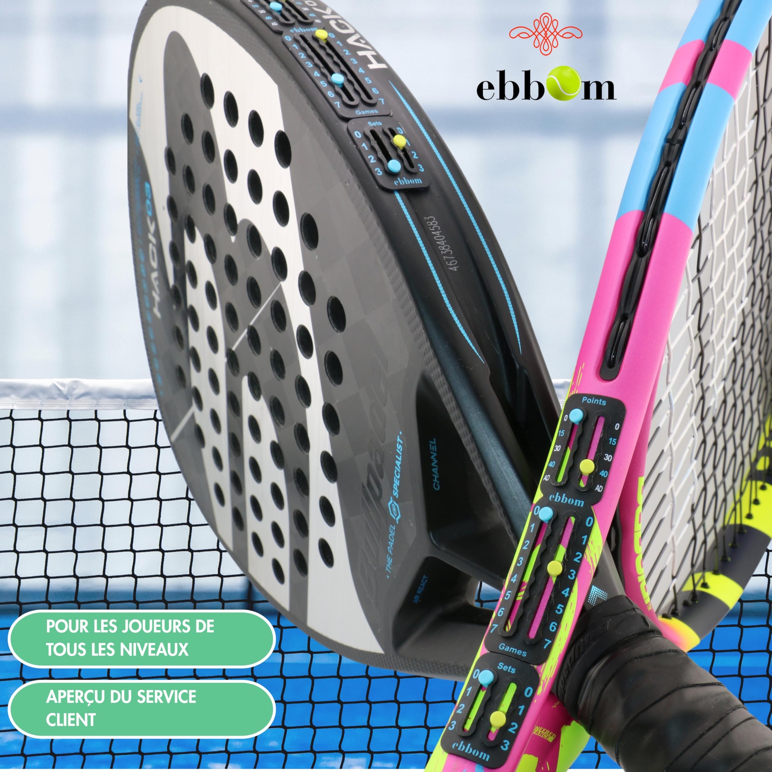 Compteur de Points Padel et Tennis Ultraléger avec Adhésif 3M - Inclus 2 Overgrips B/N et 1 Nettoyant – Adaptable à Toutes Les Raquettes et Palas – Accessoires Padel – Marqueur Padel