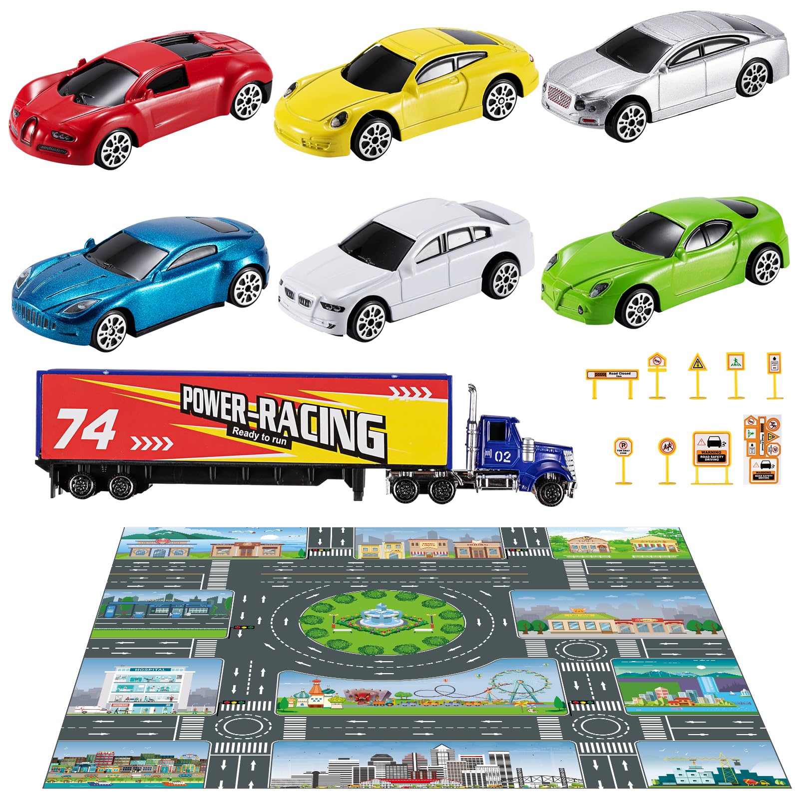 TEMIDiecast Racing Cars Toy Set w/Activity Play Mat, Truck Carrier, Alloy Metal Race Model Car & Assorted Vehicle Play Set for Kids, Boys & Girls