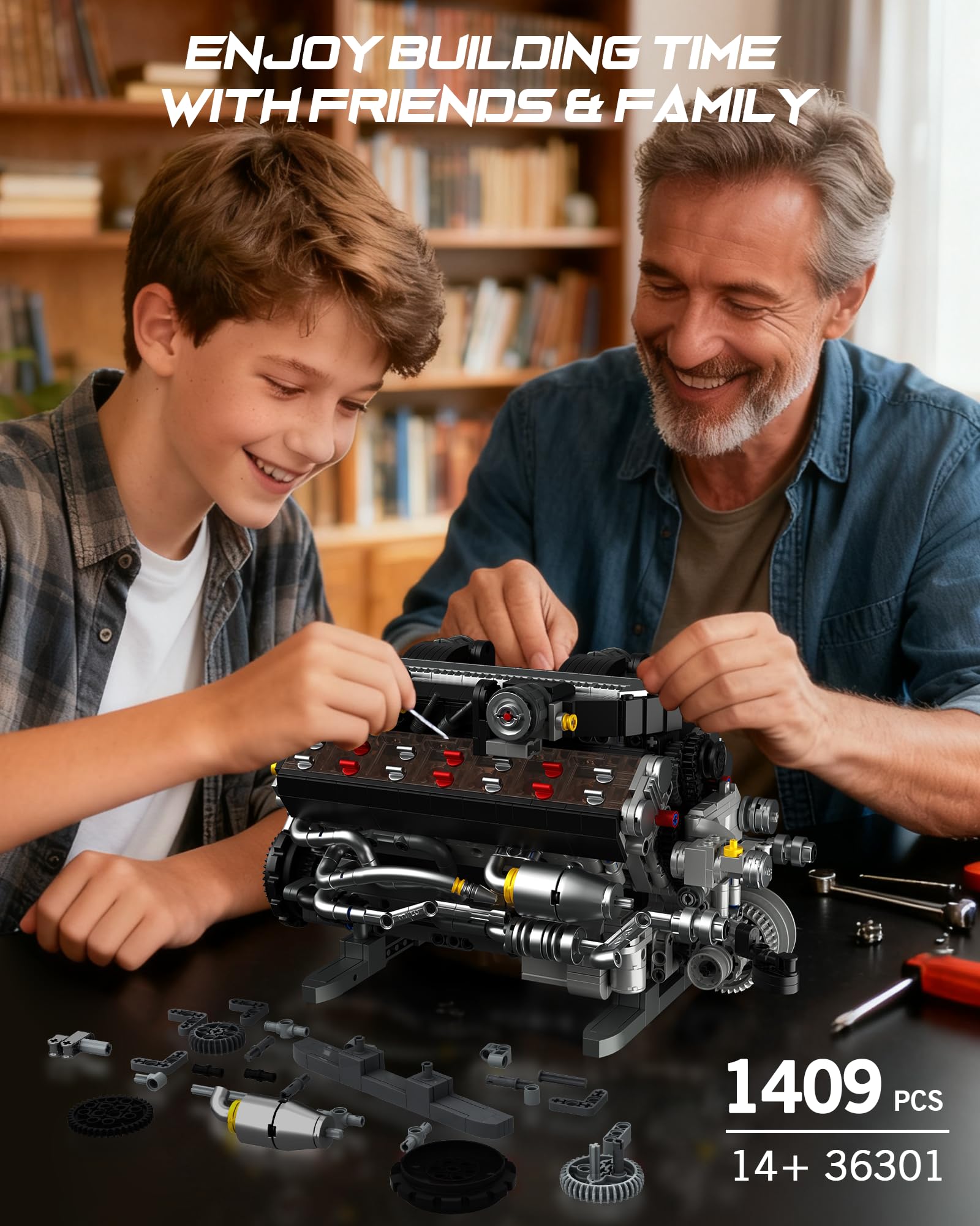 Set di funzioni motore V12 per adulti e adolescenti 14+, kit di ingegneria meccanica motorizzata da 1409 pezzi che funziona, giocattolo motore MOC con scatola batteria e motore, compatibile con Lego