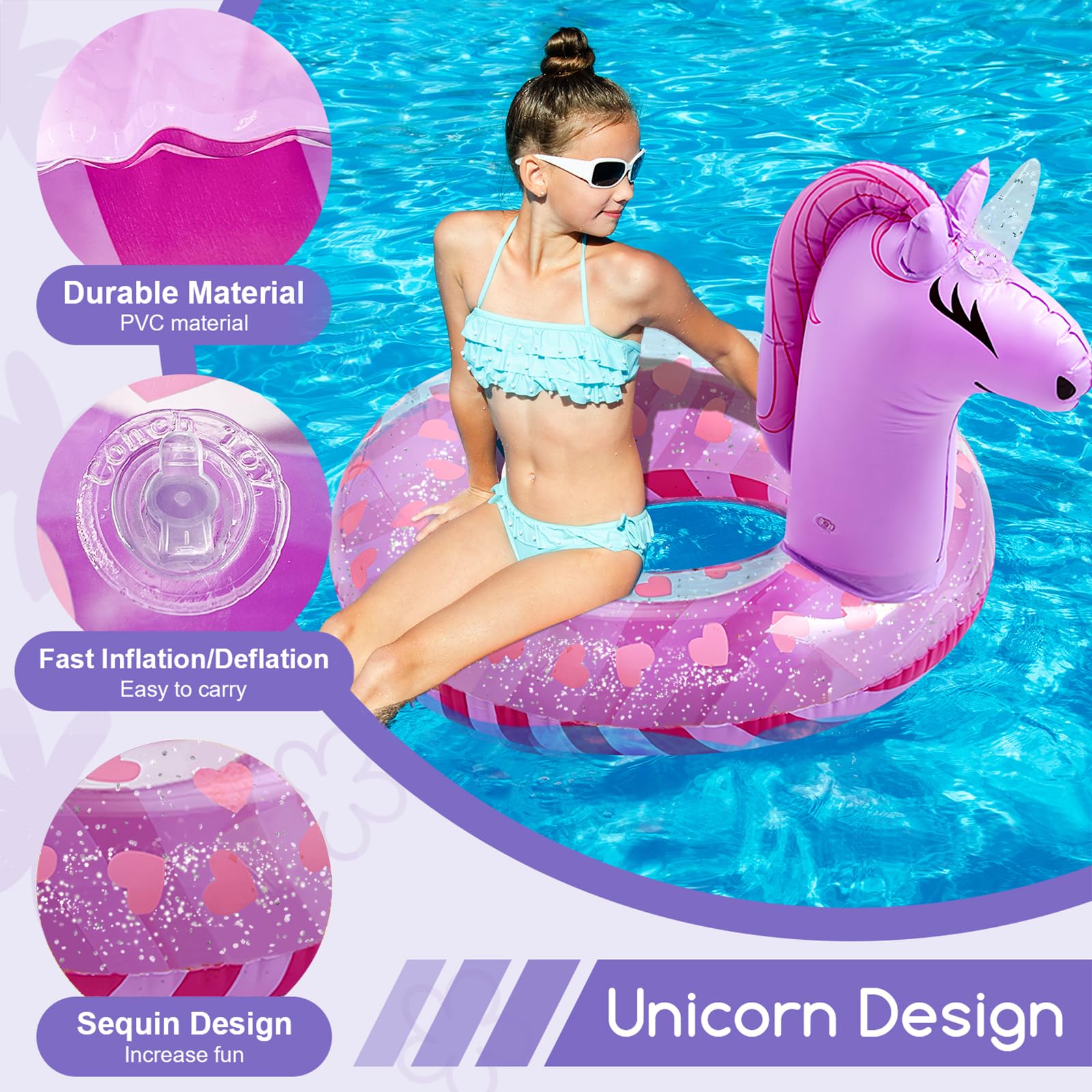 WenYa 28 Inch Unicorn Inflatable Floats Rings for Girls Adults Unicorn Inflatable Pool Rings with Glitter for Water Fun Beach Pool Toys for Summer Party (Purple) - Image 3