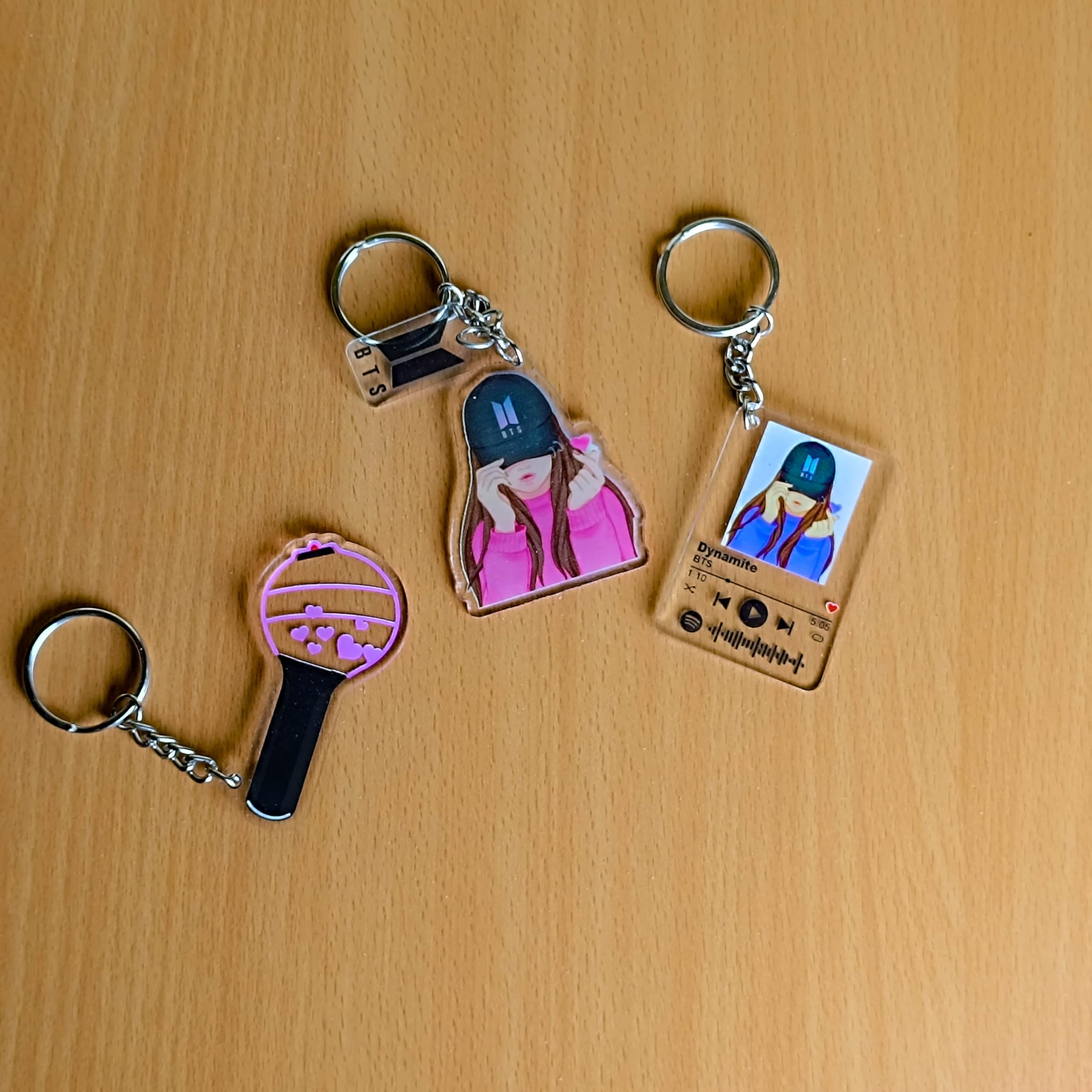 BTS Acrylic Girl Keychain Signature Tag Hanging | Lamp With Army | Girls Spotify With Dynamite Song QR and Photo (Combo of Three)