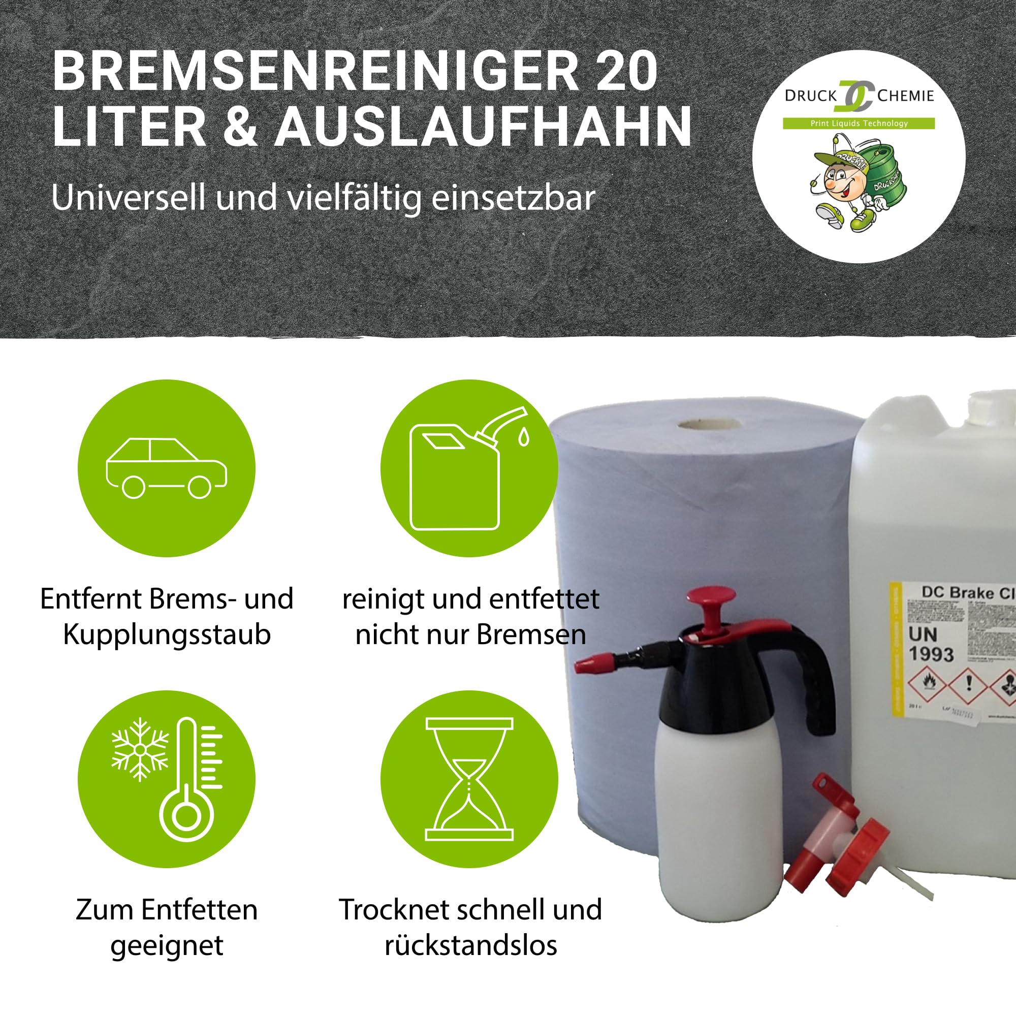 DC DruckChemie GmbH Bremsenreiniger Kanister 20L, acetonfrei + Auslaufhahn, Putzpapierrolle & Drucksprüher | Brake Cleaner - Teilereiniger zum Reinigen & Entfetten von Bremsen, Platten & Kupplungen