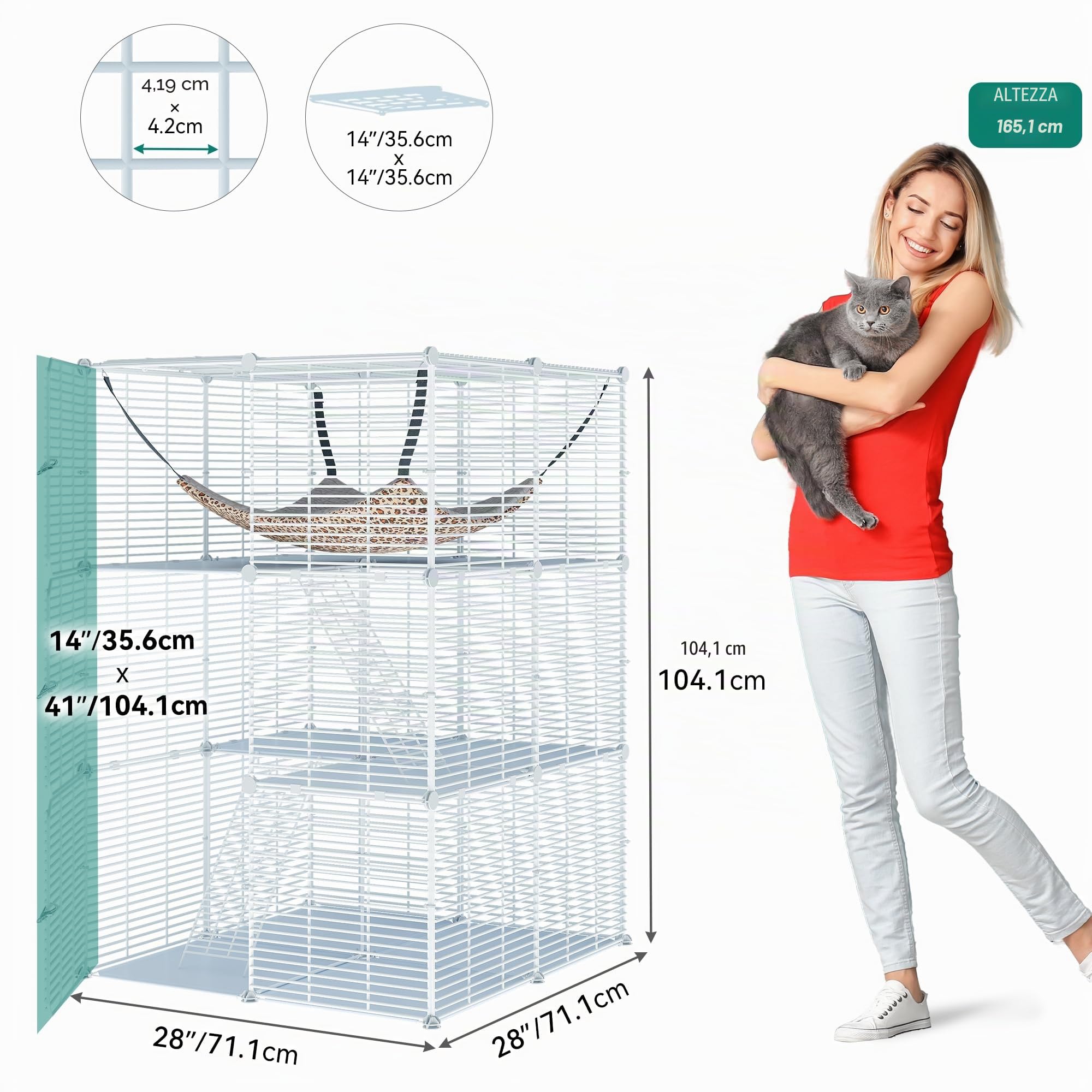 YITAHOME Recinto per Gatti a 3 Livelli Con 3 Porte, 2 Scale, Box in Metallo Con Amaca, Catio a Filo Denso Rimovibile per 1-2 Gatti, Bianco, 72x72x104 cm