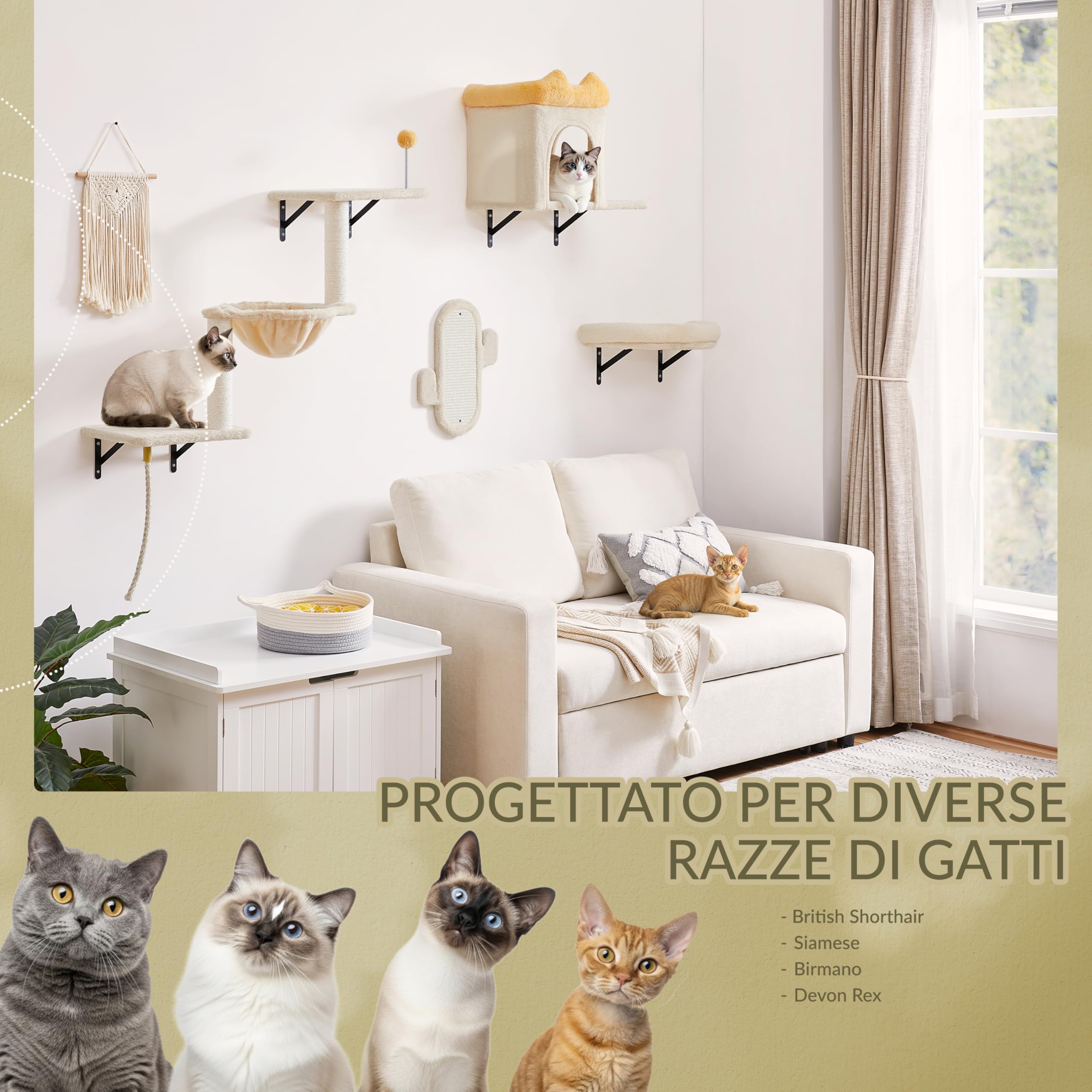 Yaheetech Mensole e Piattaforme per Gatti 4 in 1 da Parete Set Modulari con Cuccia Amaca Tiragraffi e Cestino Mobili da Parete Compatto per Gatti da Interno (Beige)