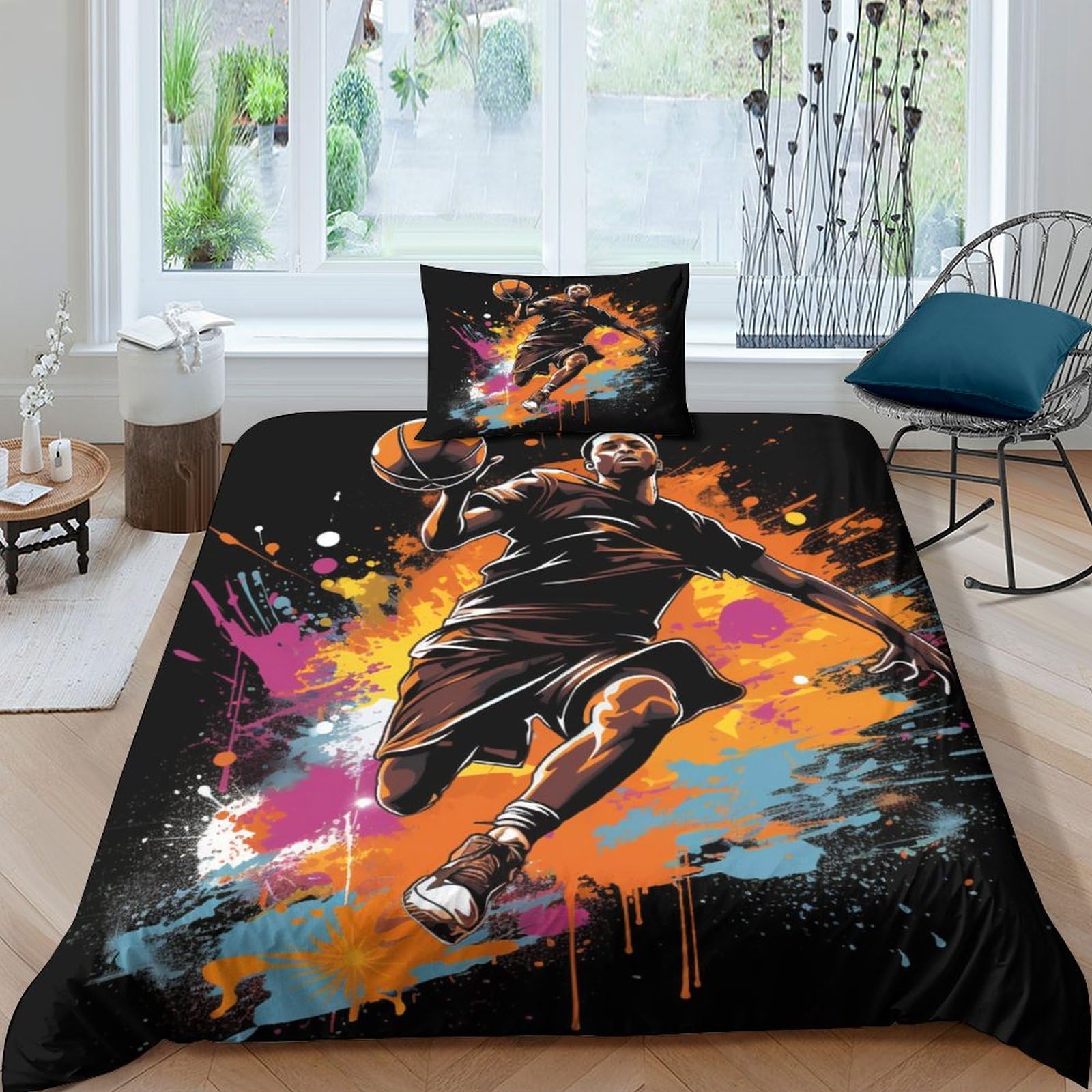 Basketball Players 3D for Childrens And Adults Printed Duvet Cover Set with Pillow Cases Basketball Quilt Bedding Set 2 Piece Set Quilt Cover Single（135x200cm）