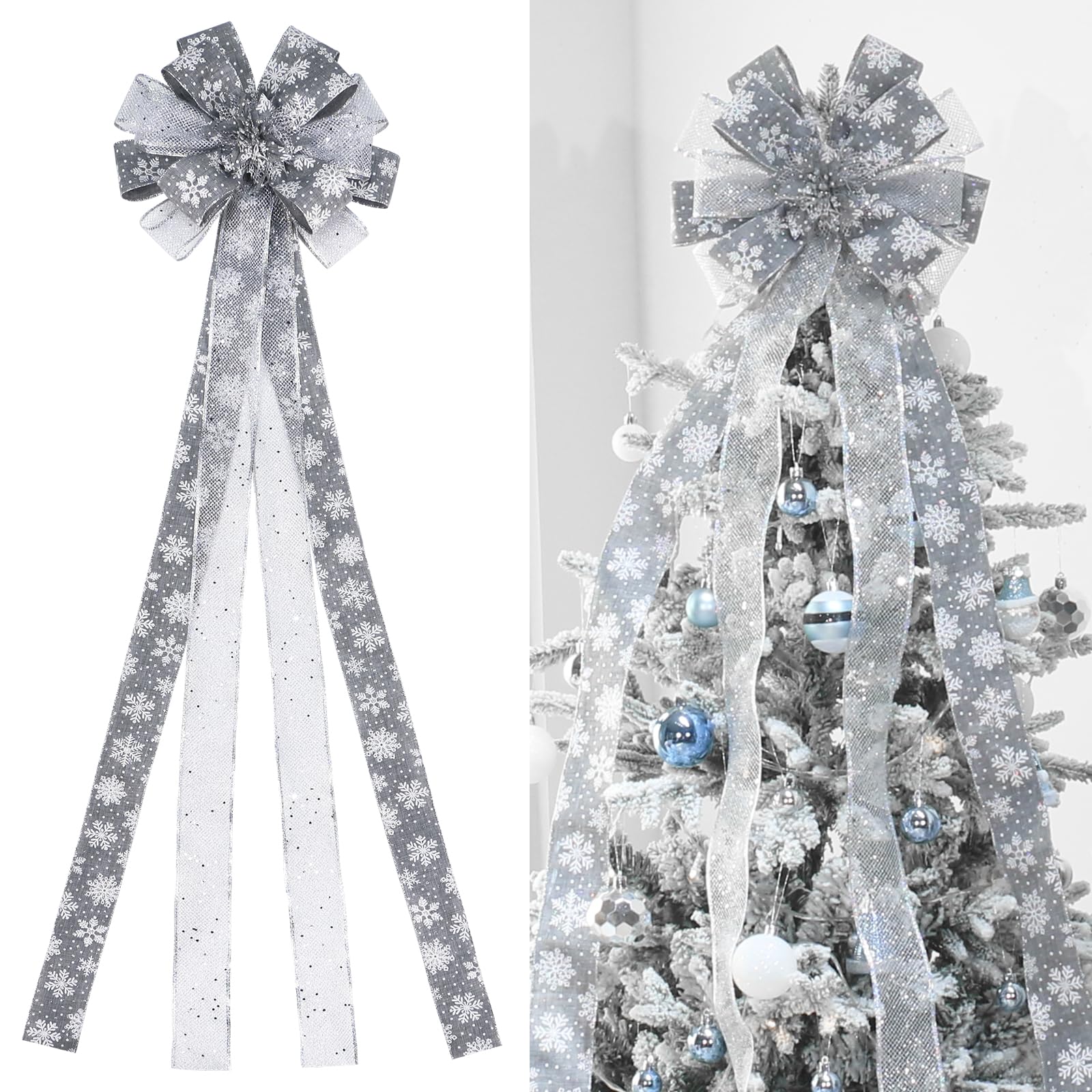 Cimier de sapin de Noël, grand nœud pour décoration de Noël, décoration de vacances, maison, mariage, Thanksgiving, intérieur/extérieur (gris argenté)