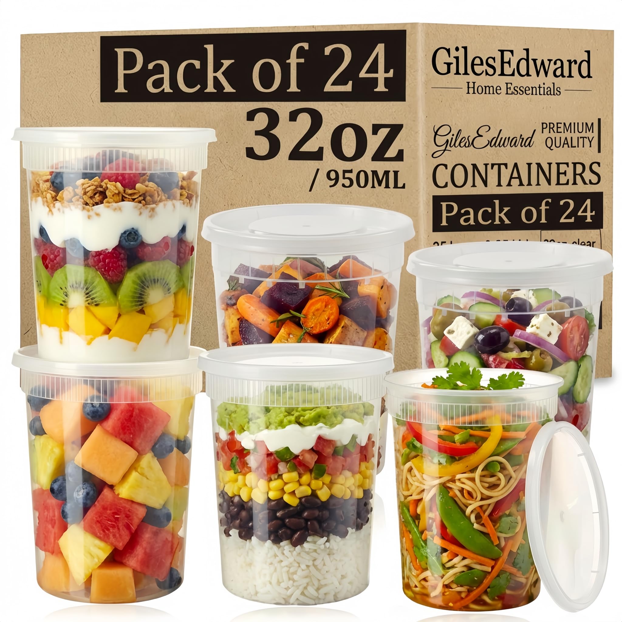 Gilesedward Transparent 24 Pack 32Oz Soup Containers With Lids, Large Plastic Food Storage Tubs For Batch Cooking, Leakproof Reusable Deli Pots, Freezer & Microwave Safe, Bpa Free Meal Prep Containers For Curry, Stew & Soup