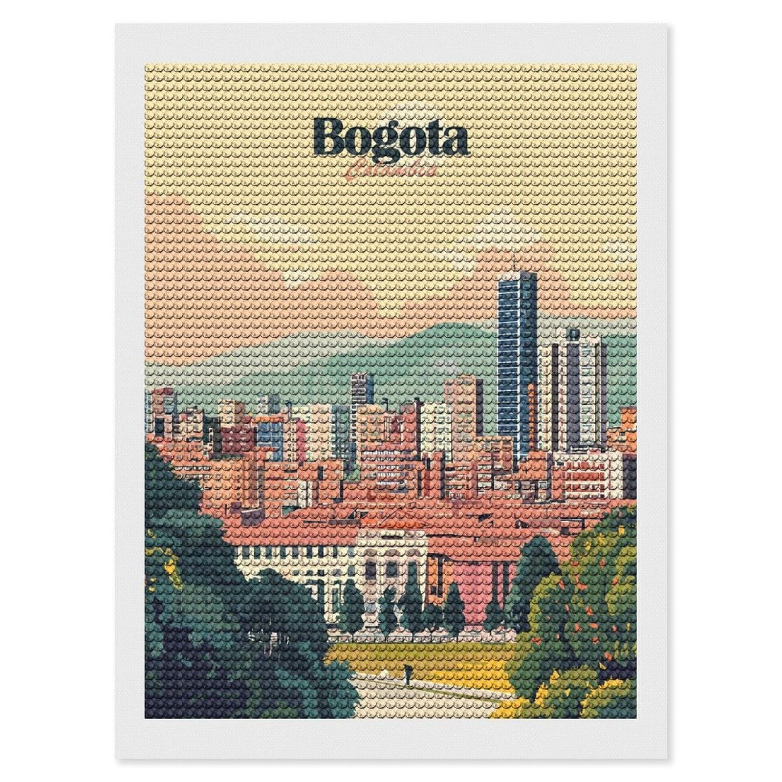 Junmoney Bogota Colombia Cityscape Illustration Full Drill Diamond Painting Kit 12"x16", for Teens, Adhesive Canvas, Bedroom Decor, Holiday Gift Idea