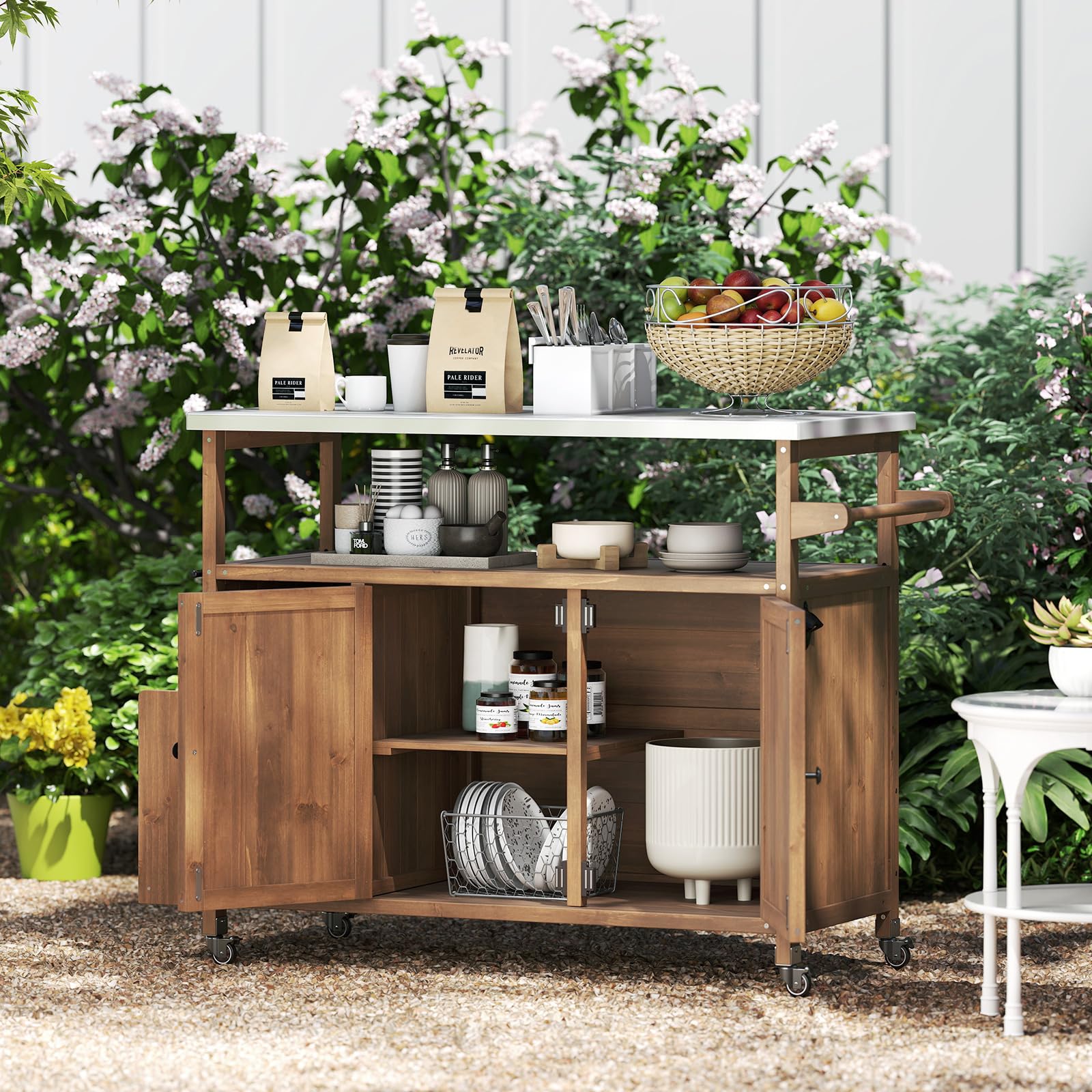 COSTWAY Carrito de Barbacoa de Madera Abeto, Isla de Cocina Exterior con Ruedas Bloqueables, Armario, Estante Abierto y Compartimentos, Mueble para BBQ para Picnic, Fiesta, 130 x 47 x 92 cm