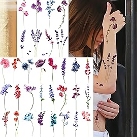 GOROMON 15 Sheets Watercolor Flower Lavender Temporary Tattoos For Women Adults, Water Color Tiny Wild Floral Tattoo Sticker, Fake Tattoos That Look Real And Long Lasting