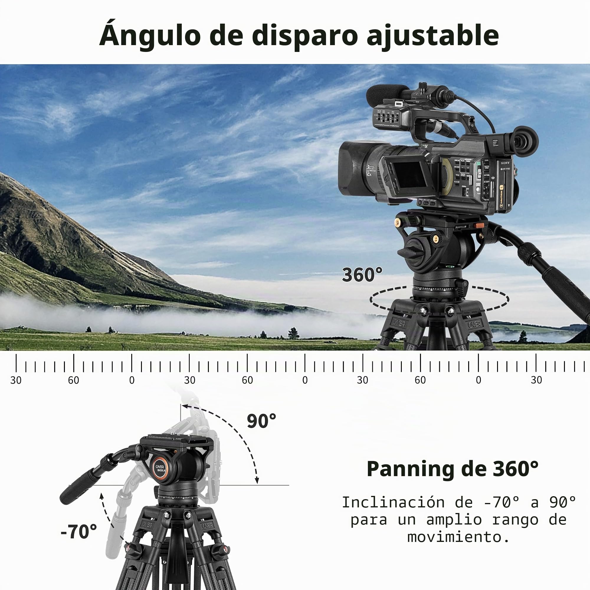 Cayer Sistema de trípode de Video BV25LH, Kit de trípode de cámara Profesional Resistente de Fibra de Carbono de 74 Pulgadas, Carga máxima de 13,2 LB