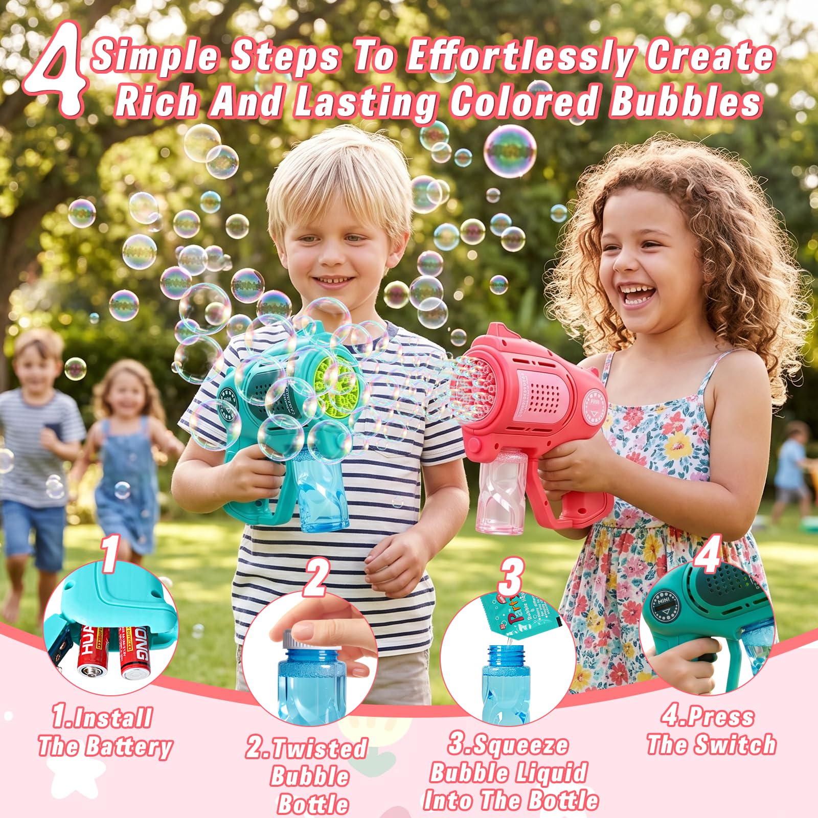 2 Piezas Pistolas de Burbujas para Niños, pompas de jabon niños con 2 x 100ml Solución de Recarga de Burbujas e Lámpara LED, Juguete de Verano para Actividades al Aire Libre, Fiestas y Bodas