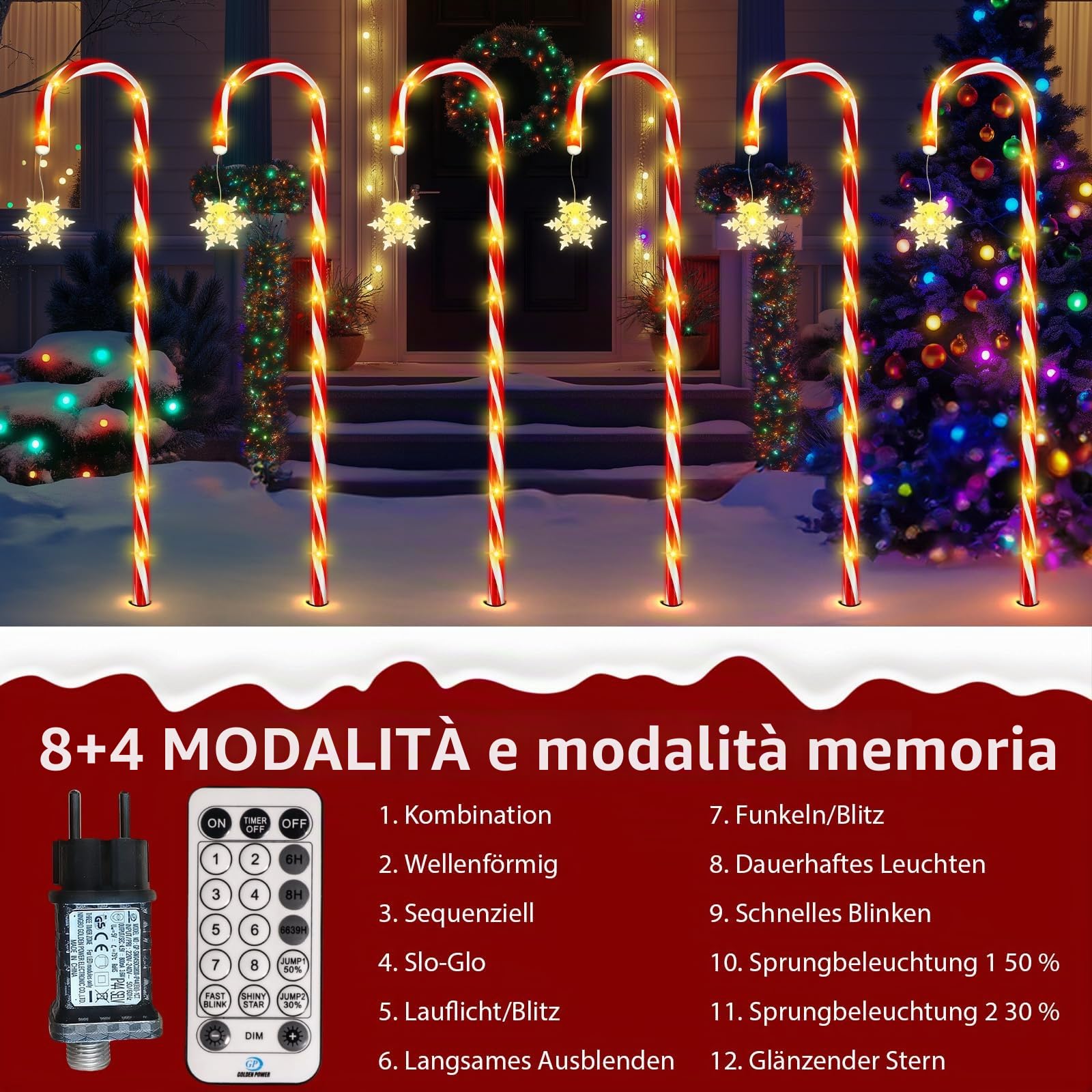 HELESIN Catena luminosa con bastoncini di zucchero, 10 pezzi, design rialzato, bastoncini di zucchero a LED, per esterni, 110 LED, 12 modalità, bastoncini di zucchero illuminati, impermeabili, fiocchi
