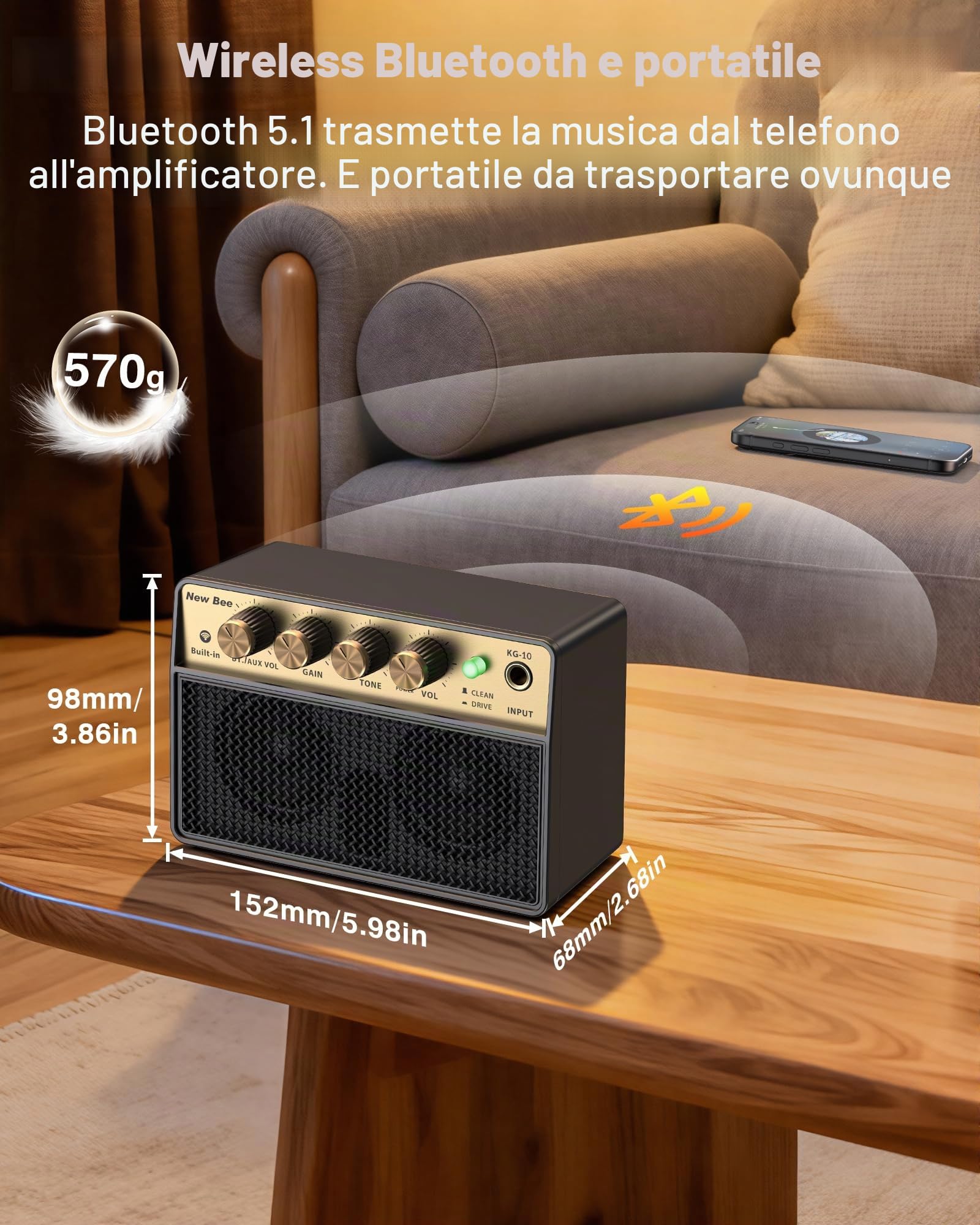 New Bee Amplificatore Chitarra Elettrica Portatile Ricaricabile 10W Mini Basso Elettrico Canale Clean & Drive 6,35mm