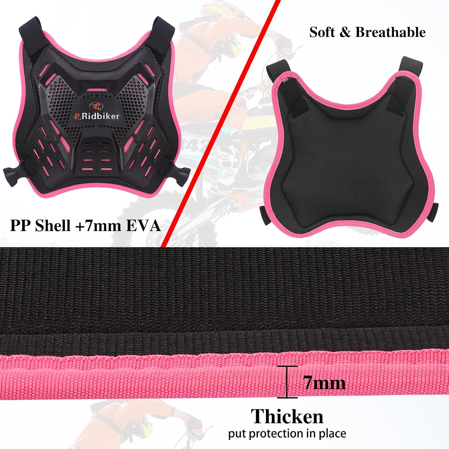Kids Dirt Bike Gear Motorcycle Armor, Kids Chest Protector Motocross Motorcycle Protective Gear Body Armor Vest Knee Guards and Elbow Full Body Protection Set for Cycling Skateboard MTB ATV (Pink) - Image 4