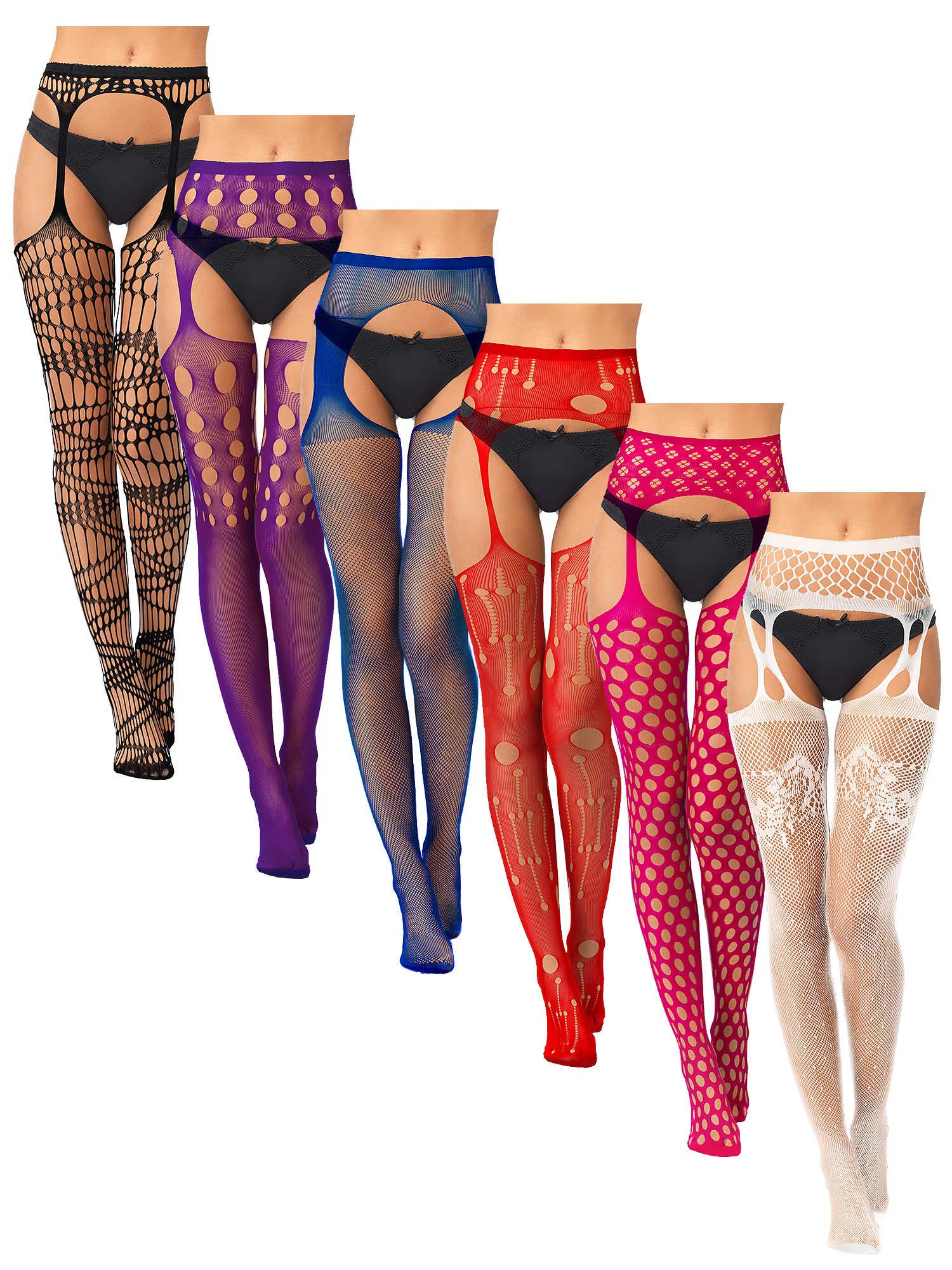 6 Pairs Women Fishnet Thigh High Stockings Garter Belts and Suspender Pantyhose Stockings for Halloween (Classic, Black,Medium): Large-X-Large Black, Purple, Royal Blue, Red, Rosy, White