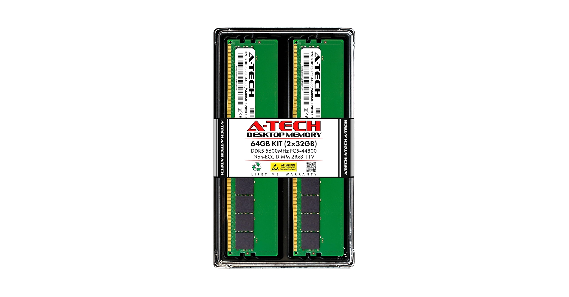 A-Tech 64GB (2×32GB) A-Tech 64GB Kit (2x32GB) DDR5 5600MHz PC5-44800 CL46 UDIMM