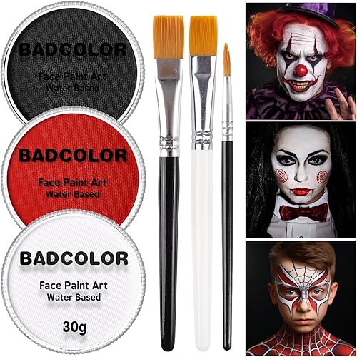 Miniatura 8 de Pintura facial negra y blanca de payaso con 3 pinceles de pintura, paleta de maquillaje SFX a base de agua para niños y adultos, pintura facial no