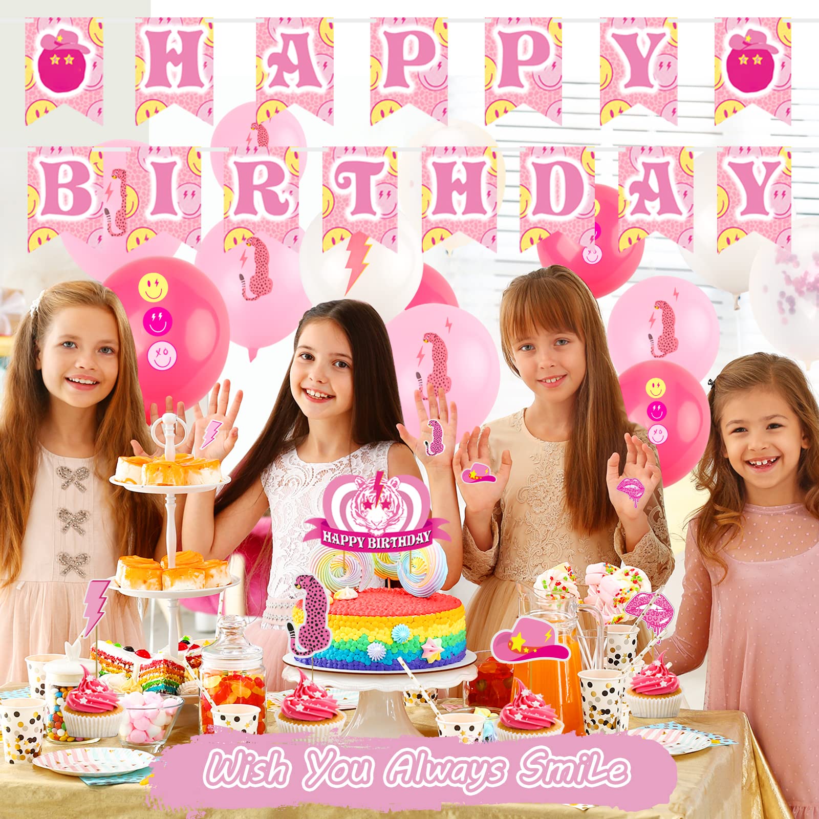 Crenics Preppy Birthday Party Decorations Kit - Hot Pink Banner, Balloon Arch, Tablecloth & Cake Toppers For Girls