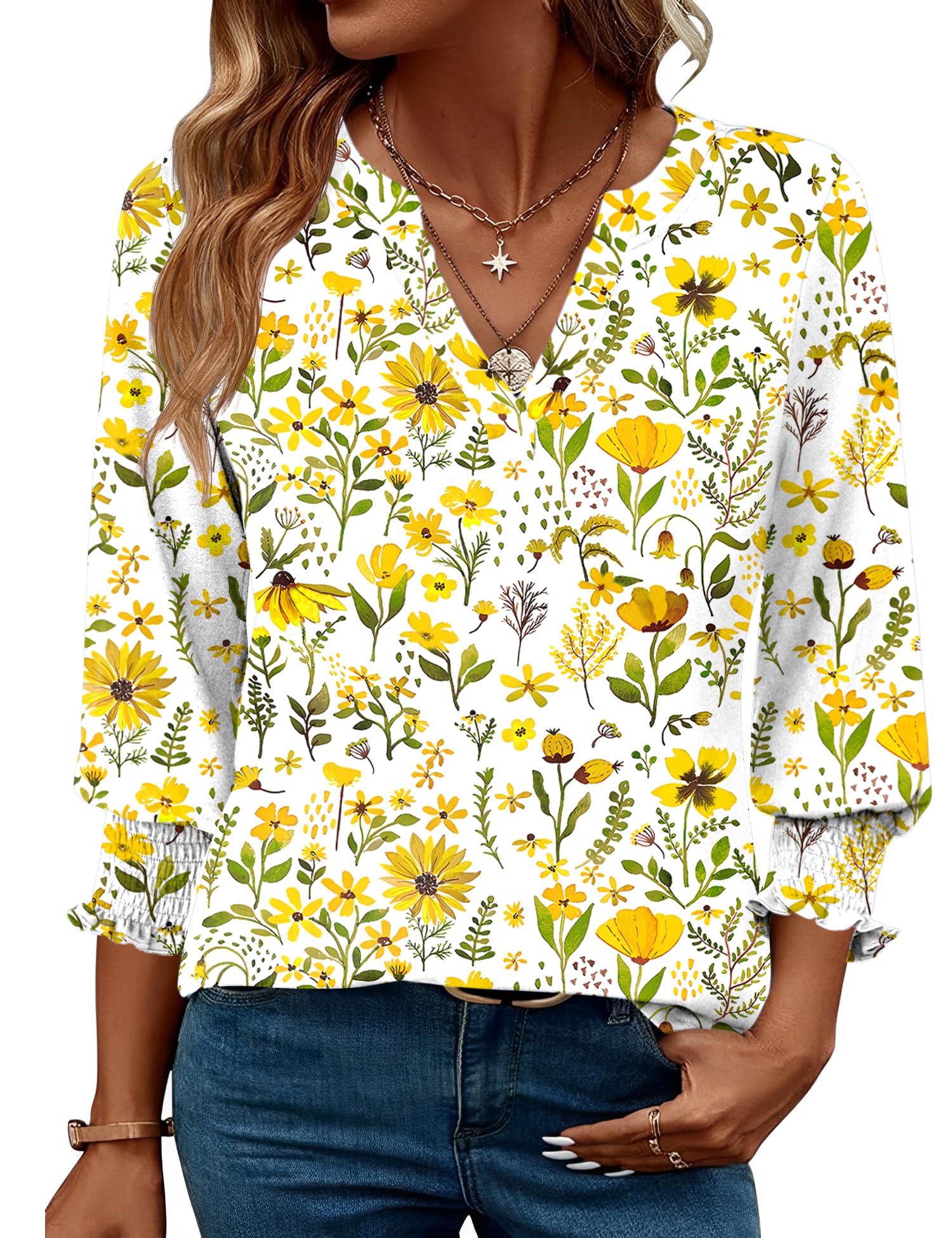LOMON Women's 2025 Fashion Tops 3/4 Length Sleeve Business Casual Blouses Summer Tees Shirts（S-4XL