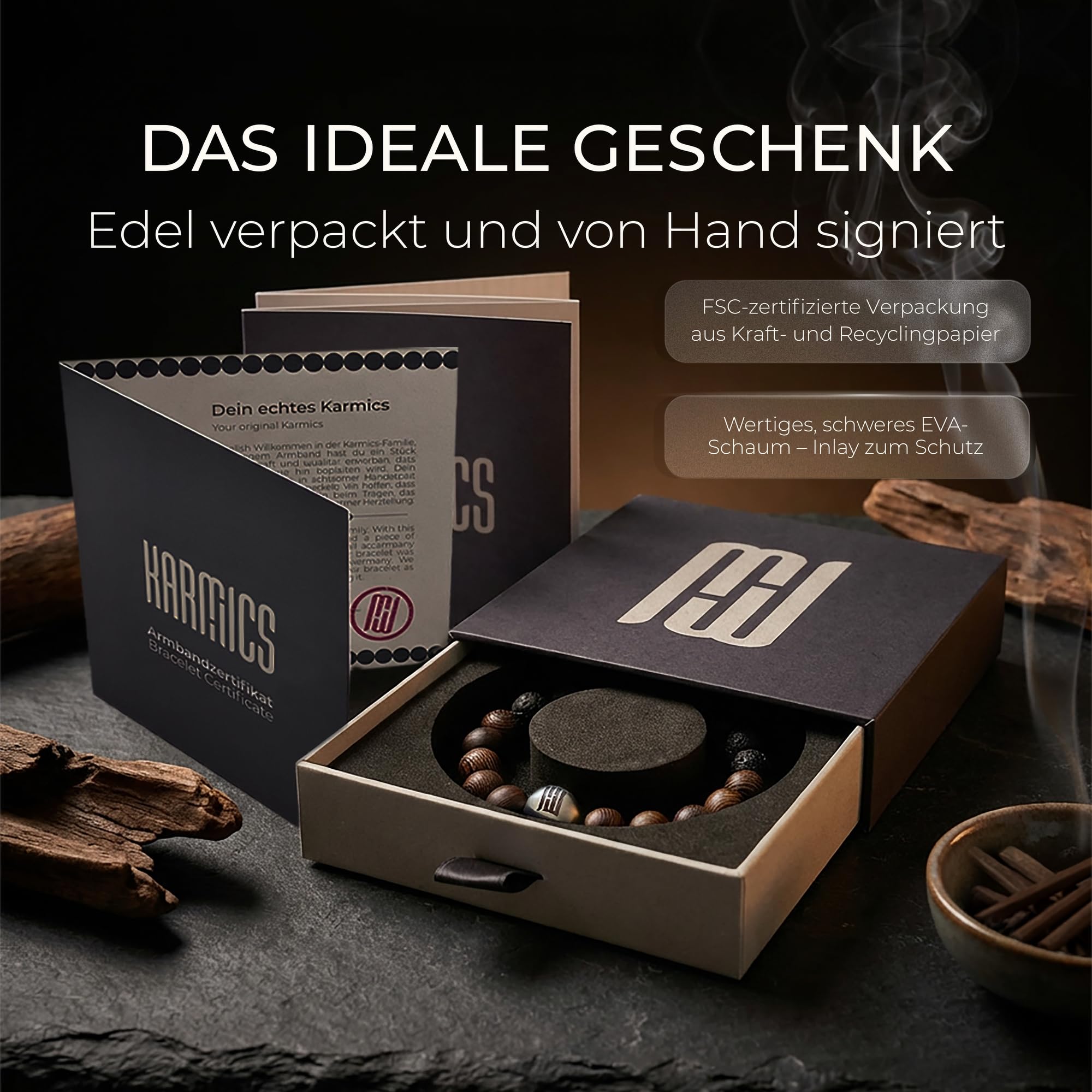 Perlenarmband Herren 10mm Edelstahl Naturstein Holz handgemacht in DE | Einzigartig reißfest & langlebig dank 2mm Elastikband, 888 Tage Garantie, edle Geschenkbox, gemeinnützige Spende